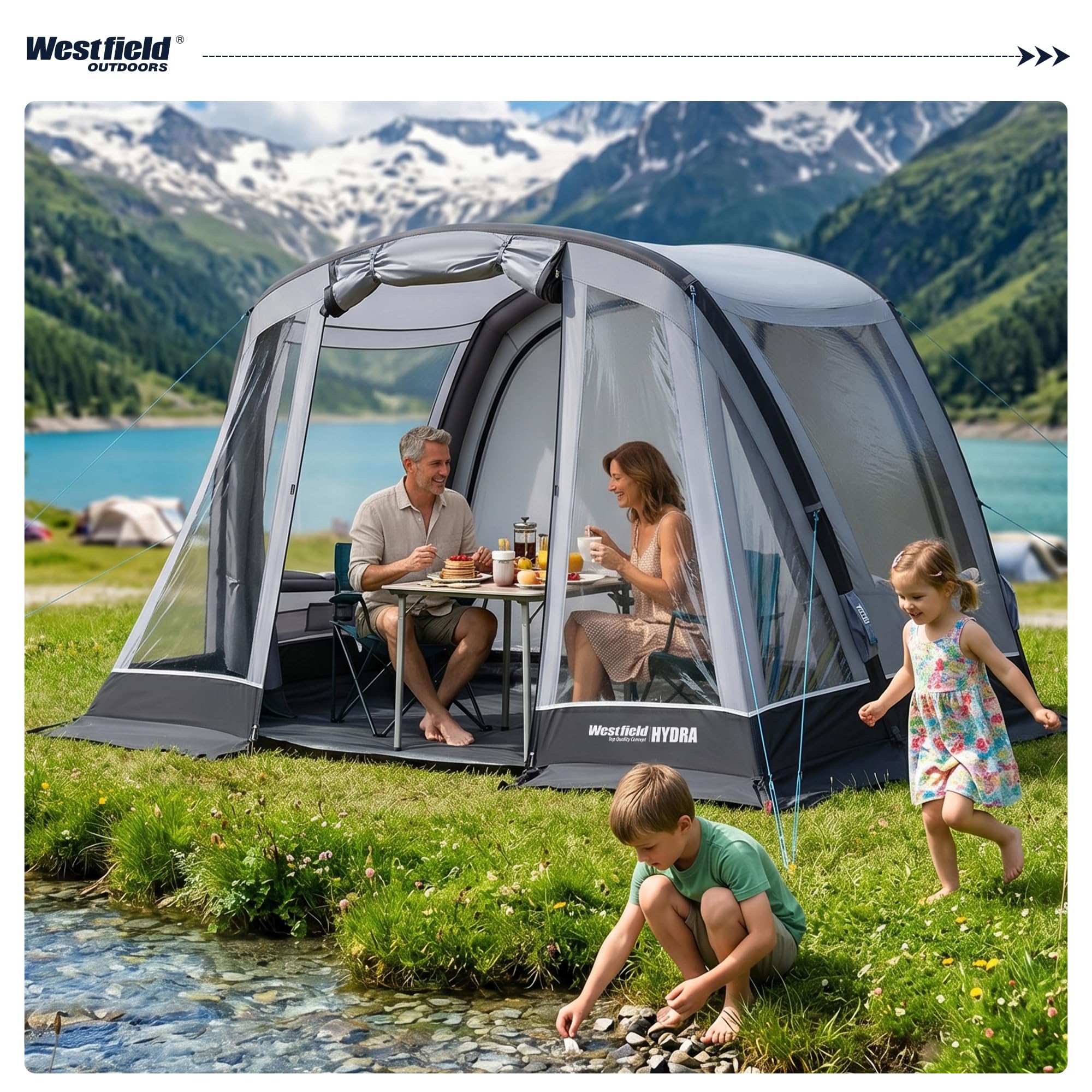 Westfield Outdoors Hydra, Aufblasbares Zelt 300 x 240 cm, Wetterfestes Autozelt mit 3000 mm Wasserschutz, UV-beständig, Drive-Away-Funktion, Panorama-Ausblick, abnehmbare Wände & Tragetasche