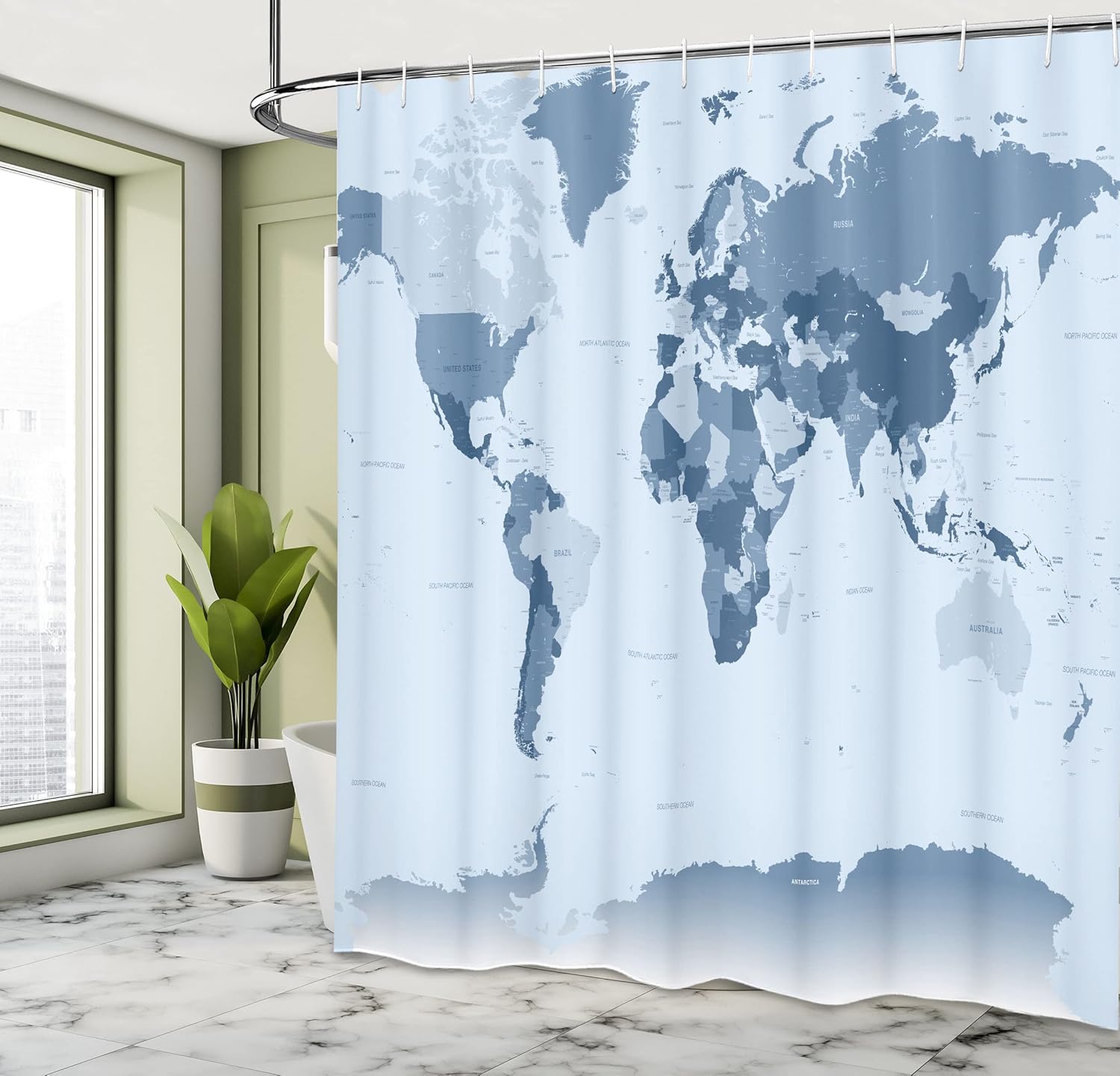 Ambesonne Earth Shower Curtain, Detailed World Map with All Countries Major Capital Cities Universe Continents, Cloth Fabric Bathroom Decor Set with Hooks, 69" W x 75" L, Ice Blue