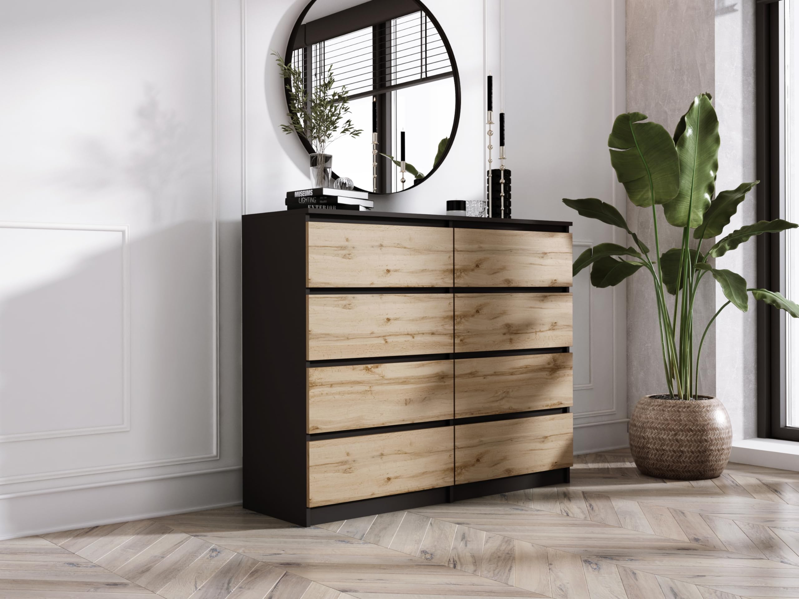 3E 3xE living.com Cassettiera, credenza con 8 cassetti, Nero e Rovere Wotan, D: 120 x 101 x 39 cm