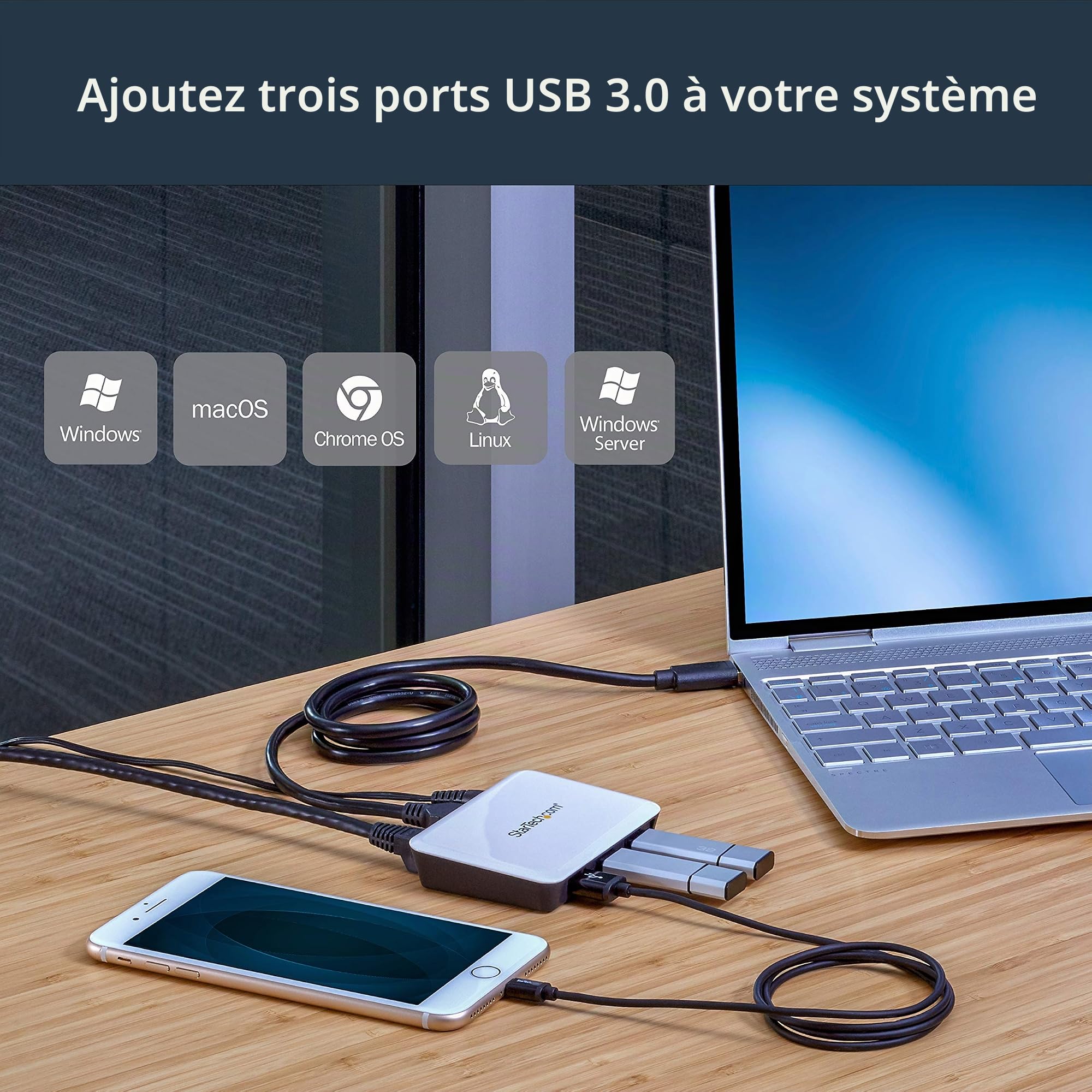 StarTech.com Adaptateur réseau USB 3.0 vers Gigabit Ethernet avec hub USB 3.0 de 3 ports (ST3300U3S) blanc | Carte réseau, RJ45, 10/100/1000, SuperSpeed 5Gb/s, Wake On LAN, Auto MDIX