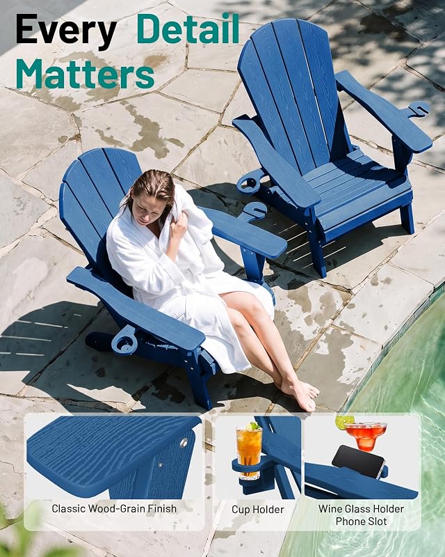 PLUUV Folding Adirondack Fire Pit Chairs Set of 2 with Cup Holders,Navy image 6