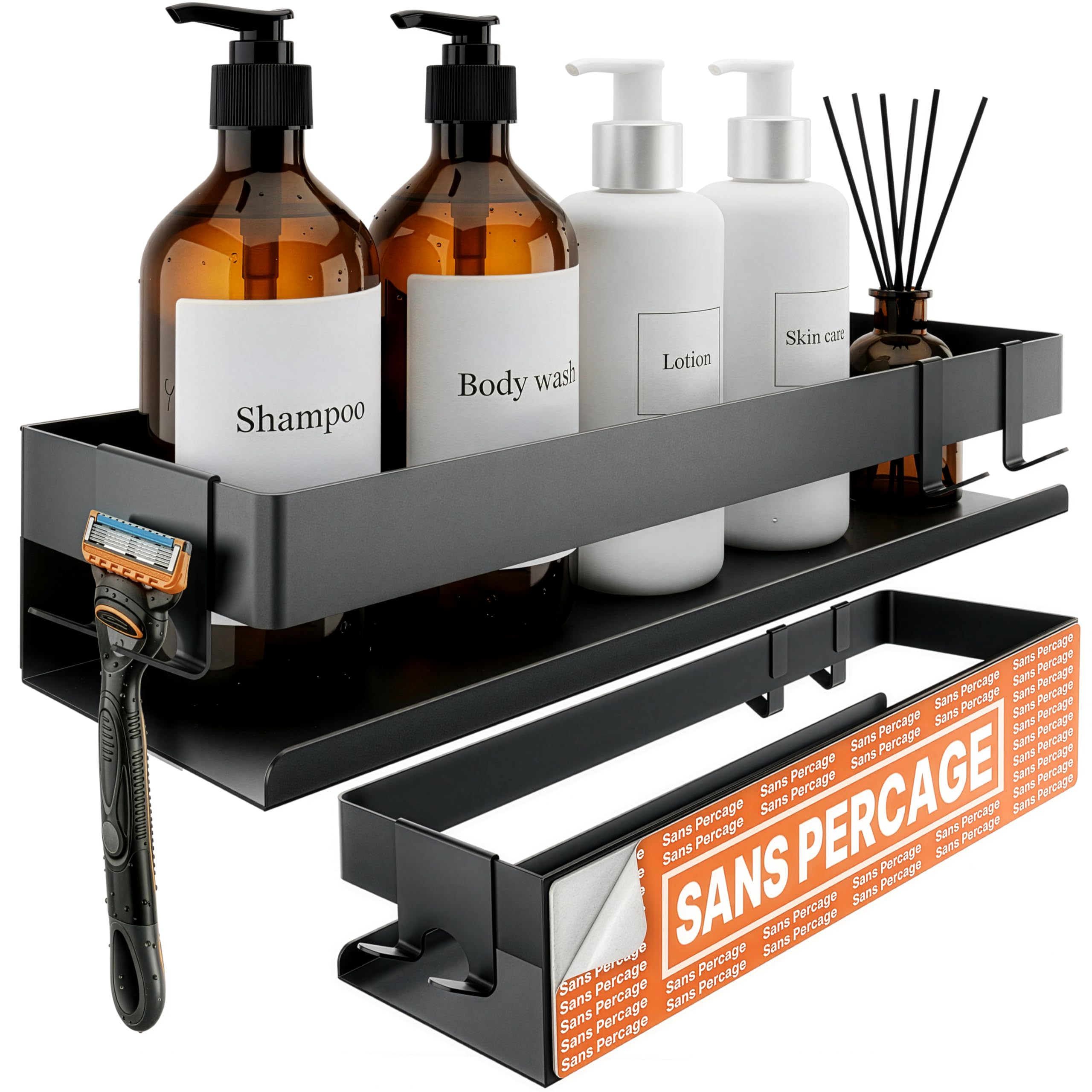 Minismus etagere douche sans percage, avec crochets mobiles et barre de securite, pour accessoires de salle de bain, adhesif ou a visser, etagere salle de bain durable, porte savon douche étagère