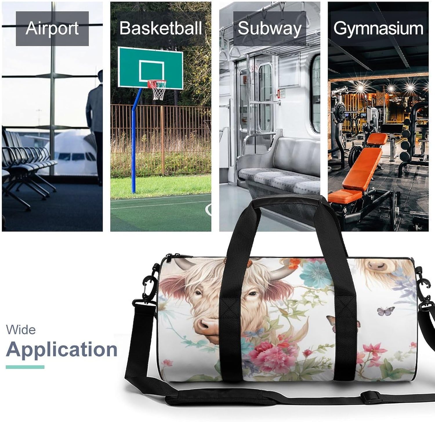 Highland Cow Flower Butterfly Print Gym Sport Bag Travel Duffel Bags Weekender Carry on Tote Bags for Women Men