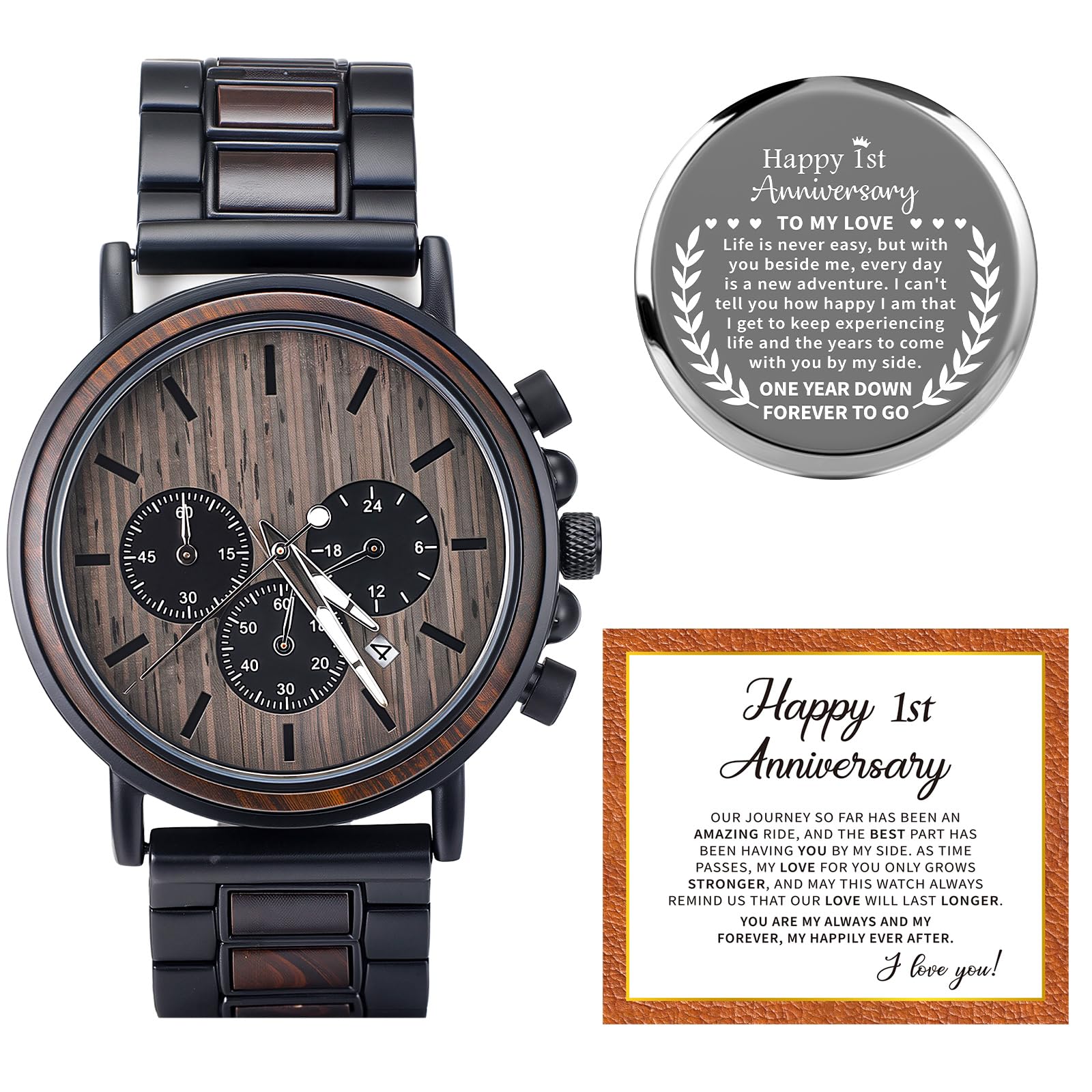 Threehoney Orologio da uomo in legno inciso, regalo per anniversario di matrimonio, ricordo per marito, per fidanzato