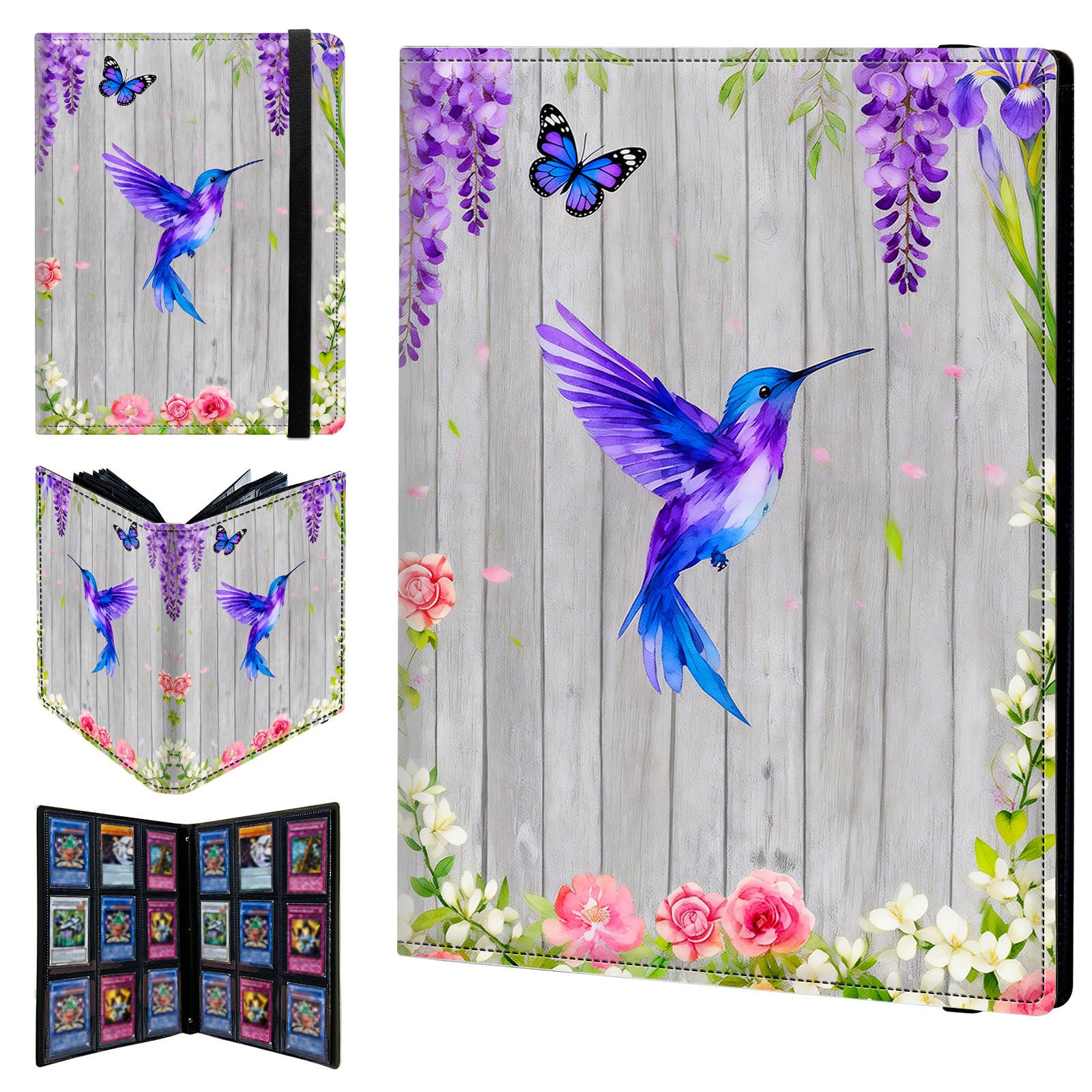 9 Pocket Trading Card Binder 720 Side Loading Pocket Album with Blue Hummingbirds and Butterflies Pattern Design Card Binder for Sports Cards & Game Cards