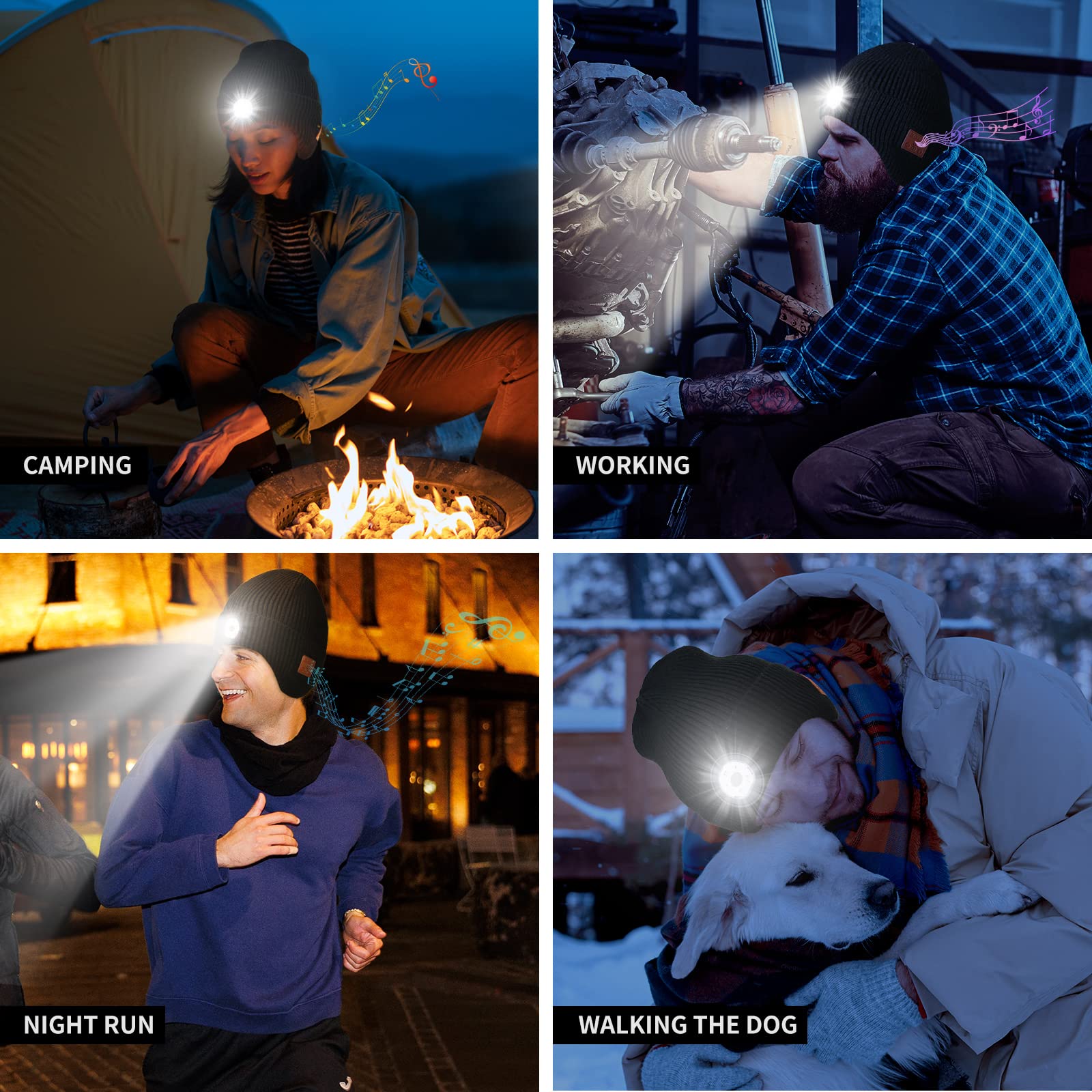 Mens Gifts Bluetooth Beanie with Light, Built-in Stereo Speaker Mic and 5 LED for Fishing Hiking & Working, Stocking Stuffers