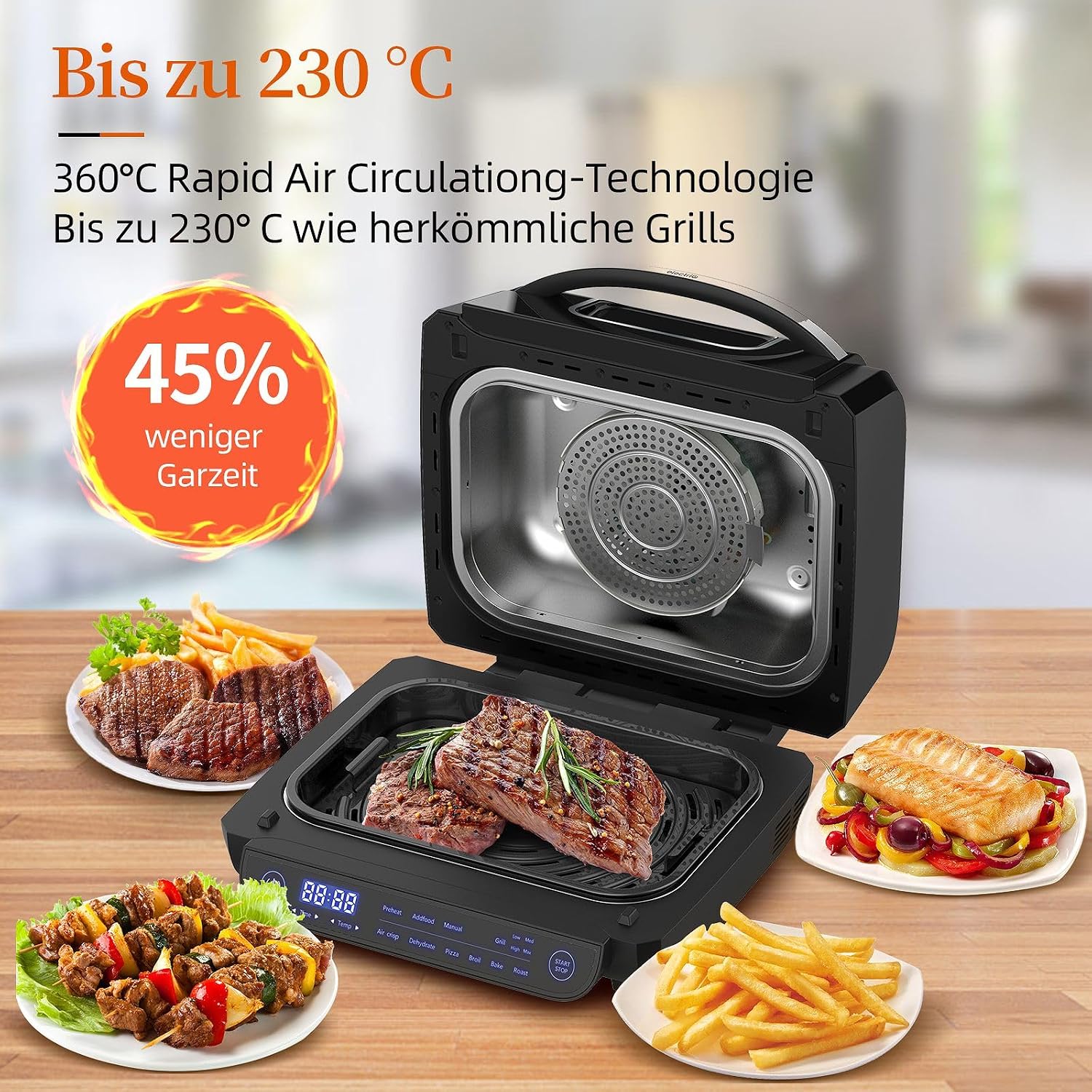 Close-up of the TopStrong Grill & Air Fryer's LED touch control panel, showing buttons for time, temperature, preheat, add food, manual, grill settings, and various cooking modes.