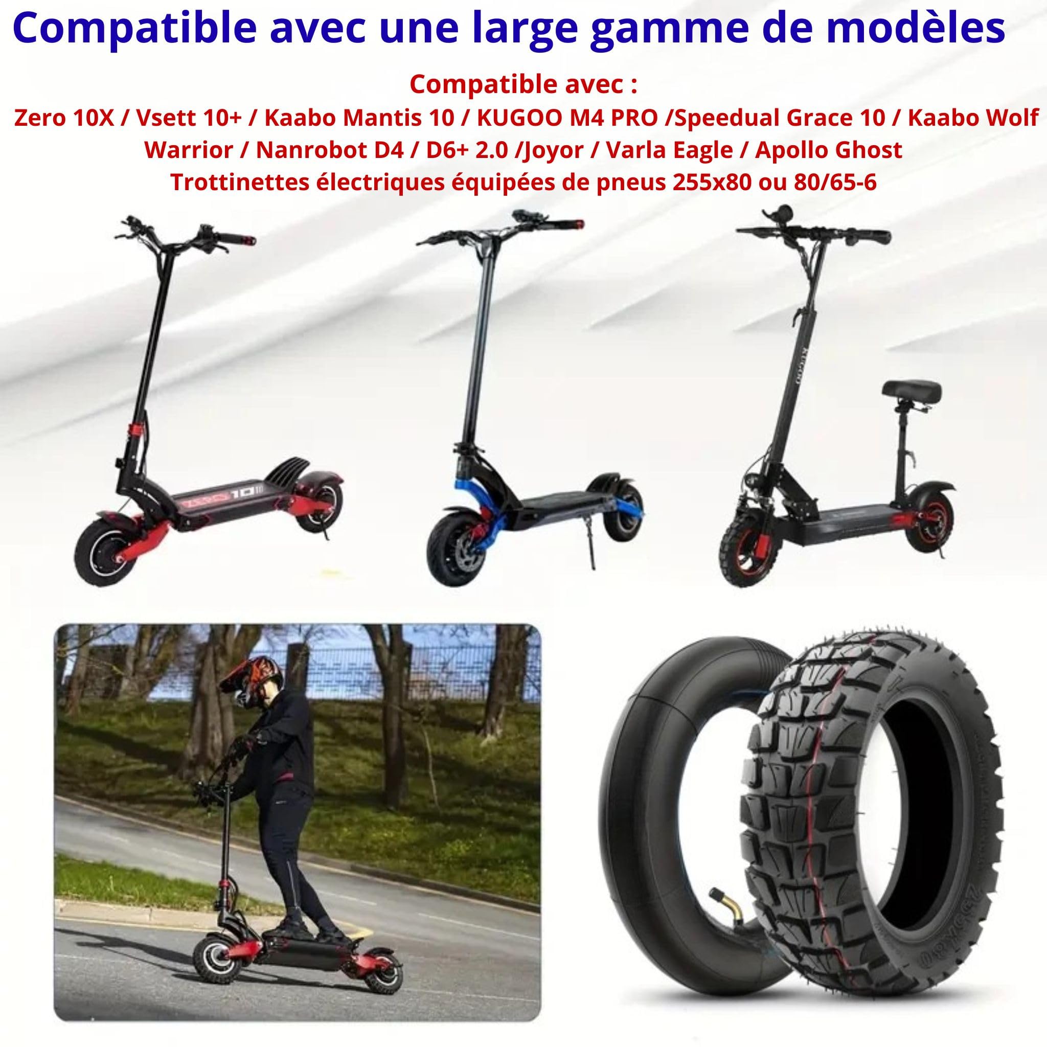 ANSENI Pneus de 10 pouces (10 x 3.0) (80/65-6) (255 x 80) pour Kugoo M4 Dualtron Victor Luxury Eagle Speedway 4 Zero 10X scooters électriques Minimotors (1 pneu Offroad + 1 chambre à air)