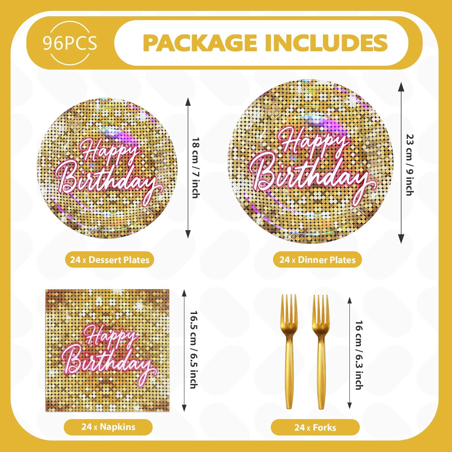 96 Pcs Gold Disco Birthday Party Decorations Gold Shining Shimmer Plates and Napkins Pink Neon Happy Birthday Golden Disco Flash Sequin Tableware Set for Women Girls 70s 80s Party Supplies Serves 24