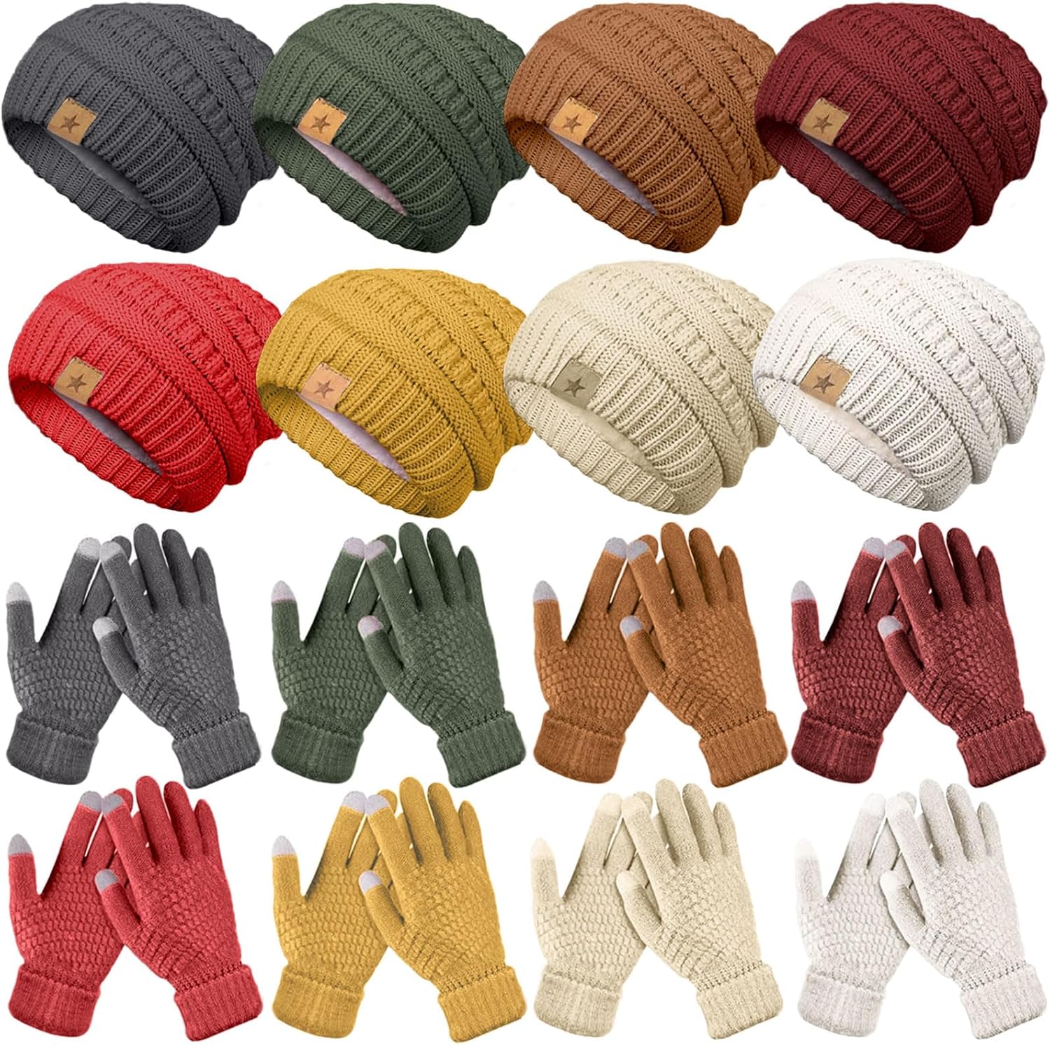 Suhine 8 Set Winter Warm Hat and Gloves Bulk Knitted Warm Beanies and Touchscreen Soft Gloves for Women Cold Weather