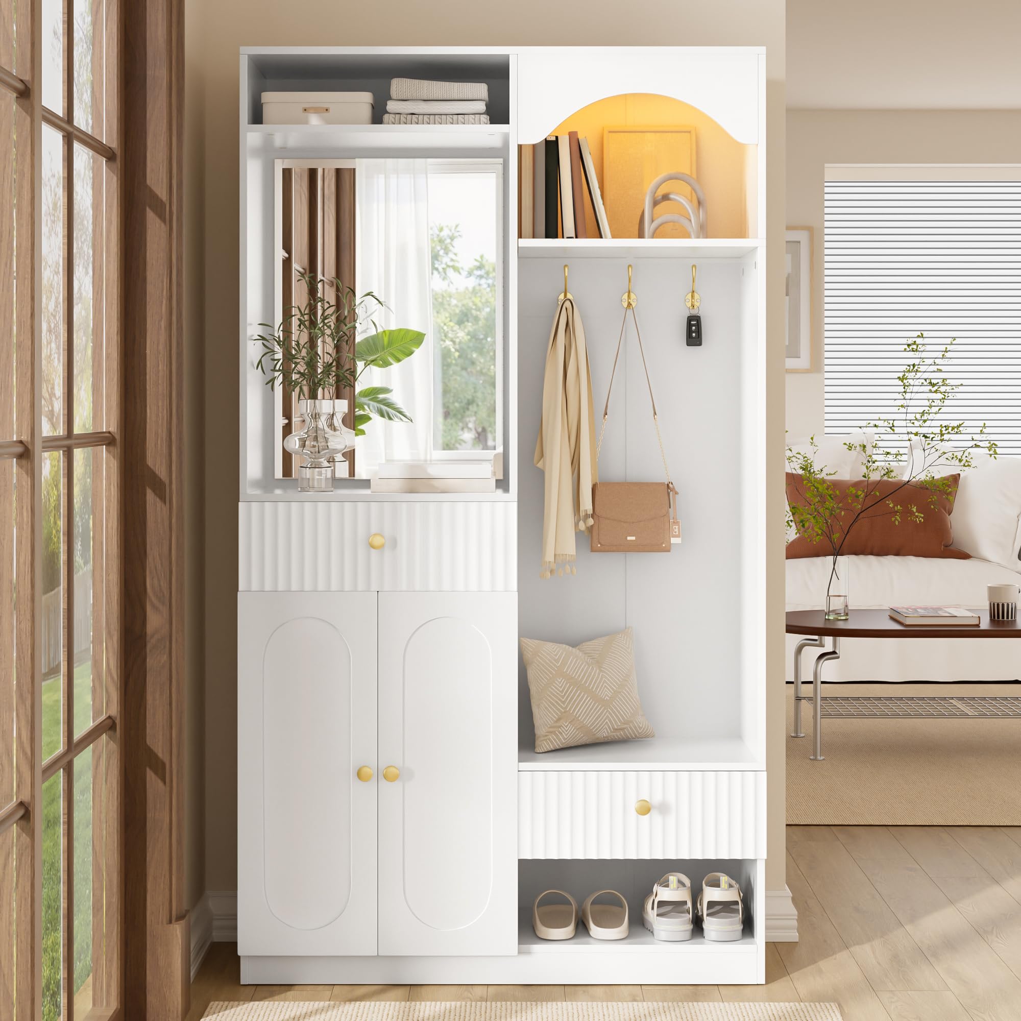 Perchero compacto con espejo, banco y zapatero, con gancho, juego de muebles de pasillo, color blanco