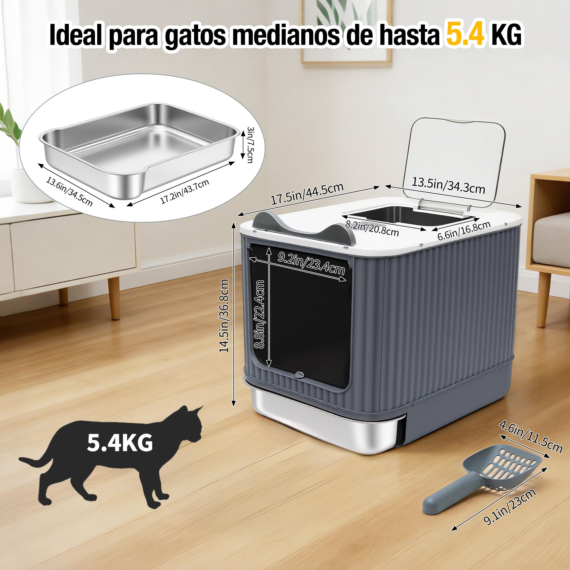 Arenero Gatos Cubierto, Arenero Cerrado para Gatos, Cajón extraíble, Incluye Pala, Catbox, Doble Entrada Frontal y Superior con Tapa