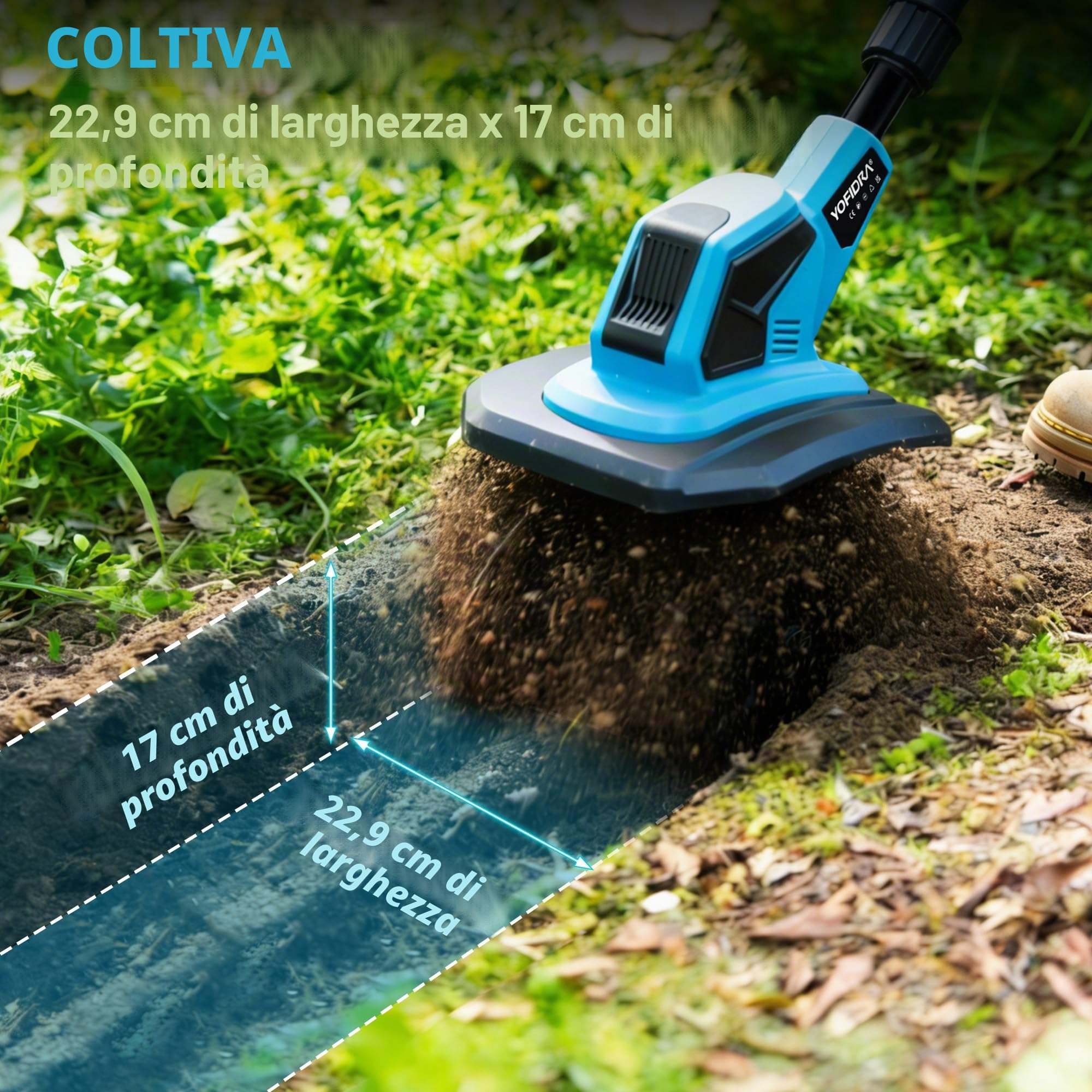 Yofidra Motozappa elettrica - Zappa a batteria da 600 W, larghezza di lavoro 23 cm, profondità 17 cm, display a LED, 2 batterie da 2,0 Ah, fresa da giardino con 4 lame da 12 denti
