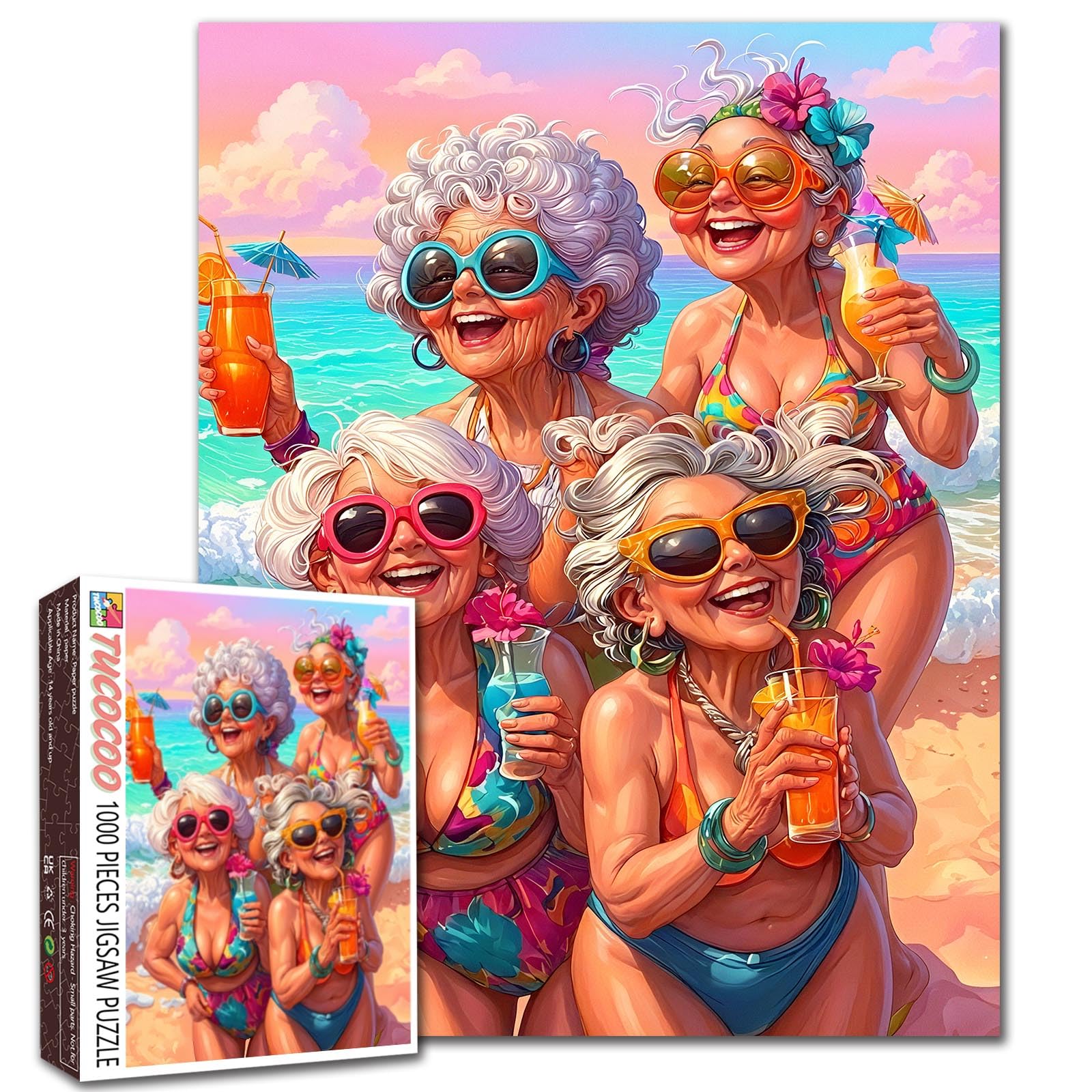 Grandmas at Beach with Cocktails Jigsaw Puzzles for Adults 1000 Pieces Bikini Ocean Summer Scene DIY Puzzles for Family Activity Games Elderly Lady Art Home Wall Decor Craft Gifts 19.7 x 27.6 Inch — image 1