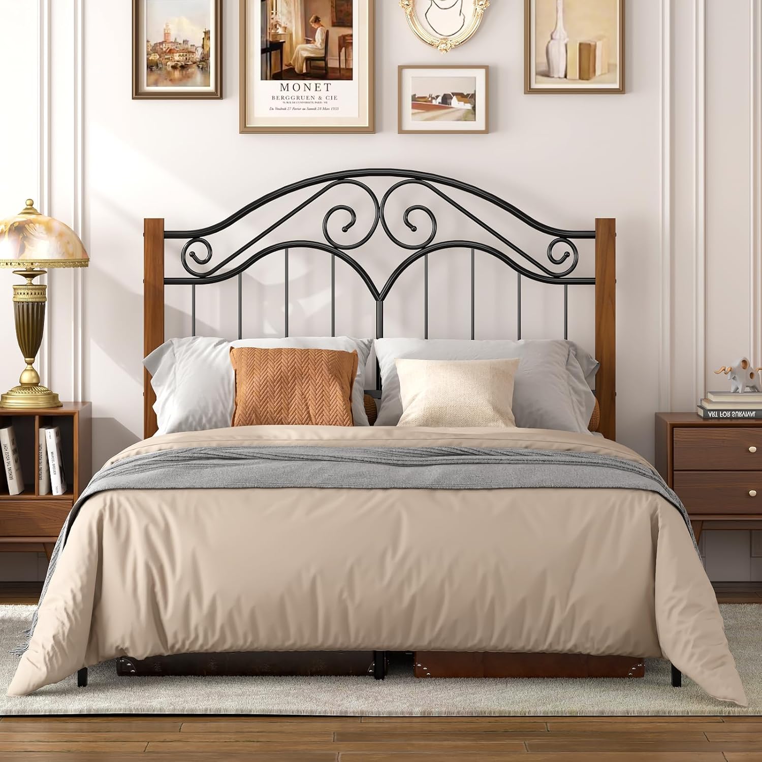 Elephance Twin Size Metal Bed Frame with Vintage Headboard, Twin Bed Frames for Kids with Storage Space, No Box Spring Needed, Easy Assembly