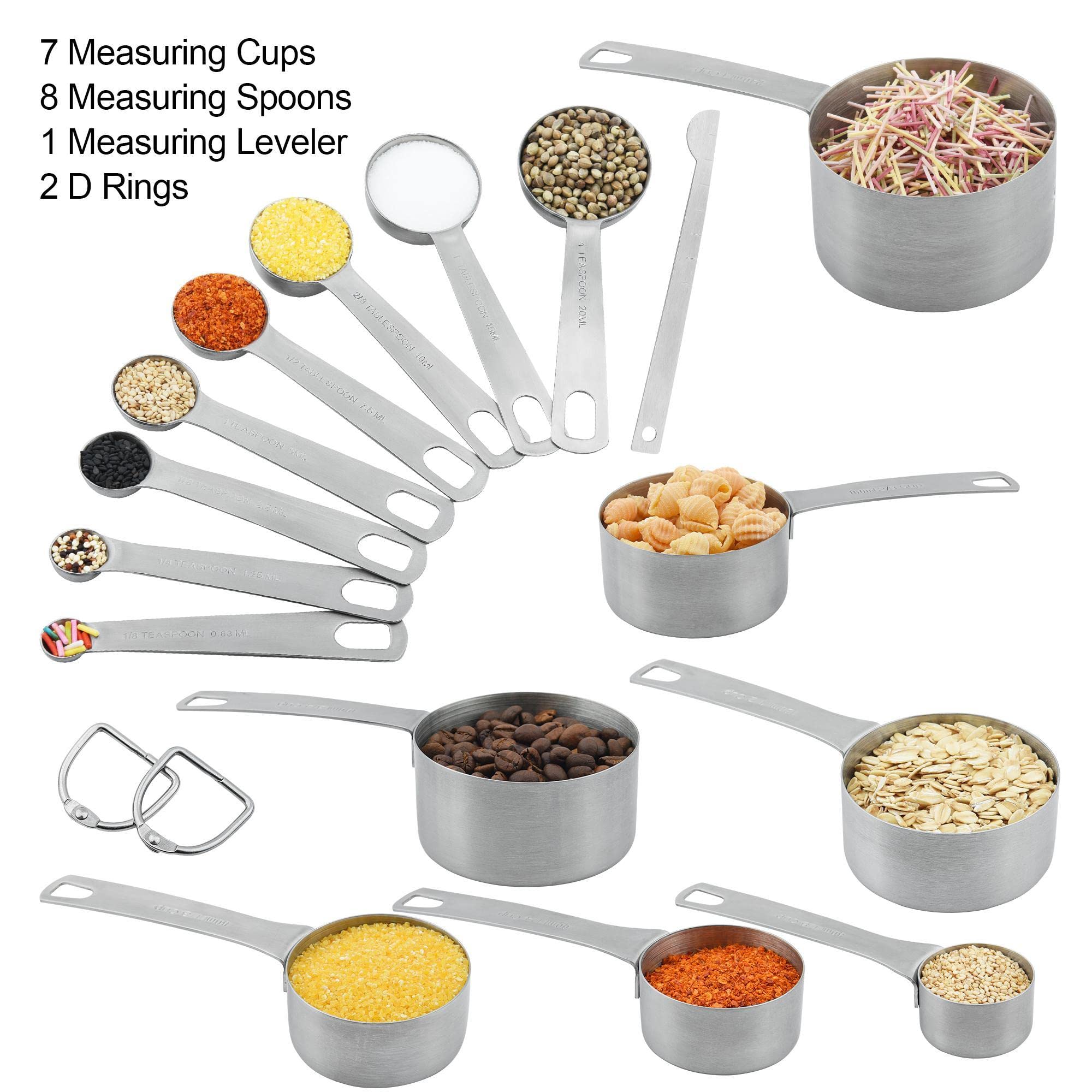 Messbecher und Löffel Set, 18/8 Edelstahl 7 Messbecher und 8 Messlöffel mit Nivellierer, Küchenmessbecher Löffel, Schwerlast Backen Messbecher Löffel, 16 Stück