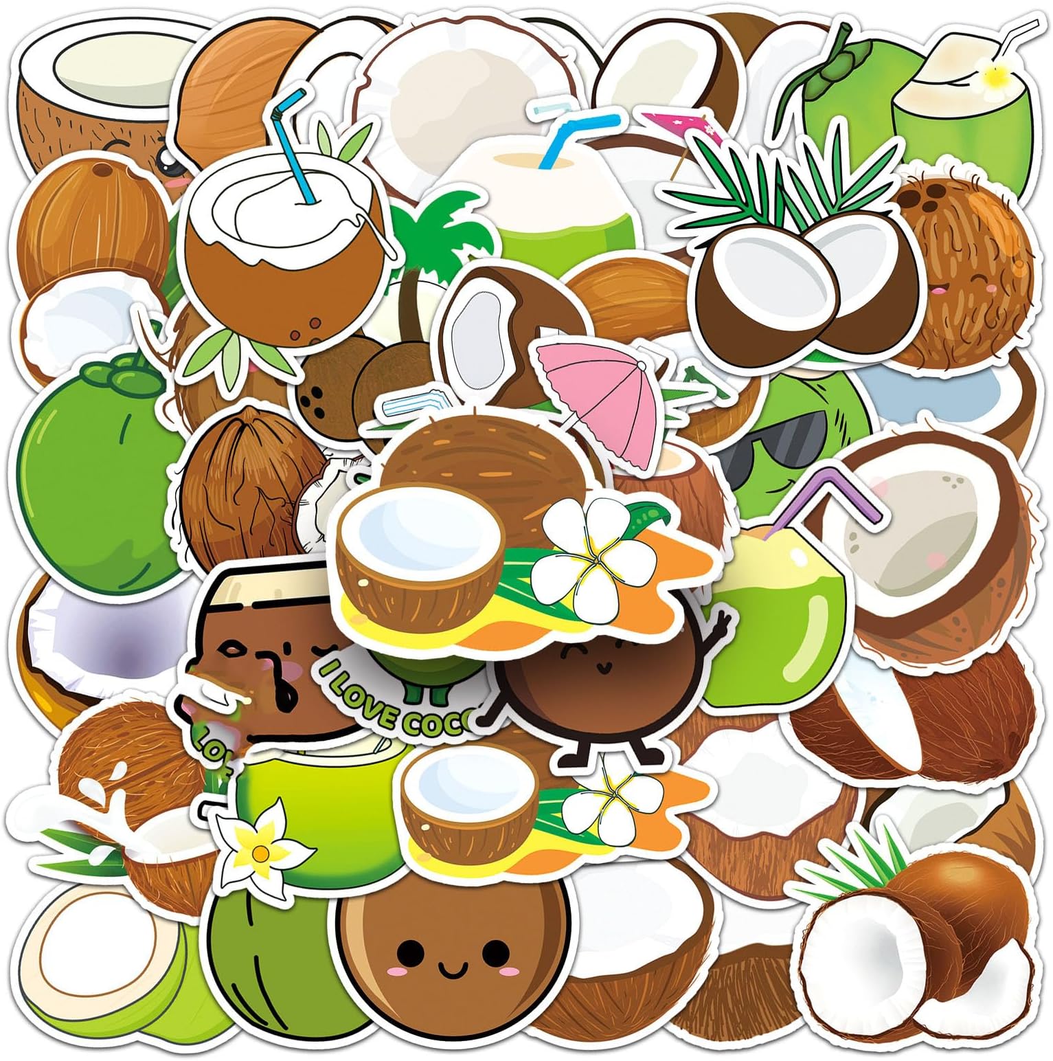 Coconut Stickers 50Pcs Vinyl Summer Beach Food Stickers for Water Bottle Skateboard Laptop Computer Scrapbook Cars Phone Bicycle Guitar Luggage,Waterproof Cute Coconut Decals for Girs Kids Teens