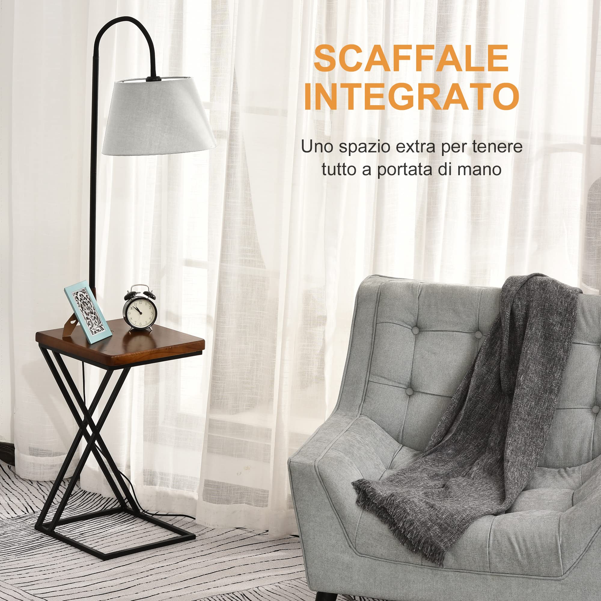 HOMCOM Lampada da Terra Moderna con Caricatore Wireless 36x36x165 cm | Testa Flessibile, per Soggiorno, per Camera da Letto, per Ufficio