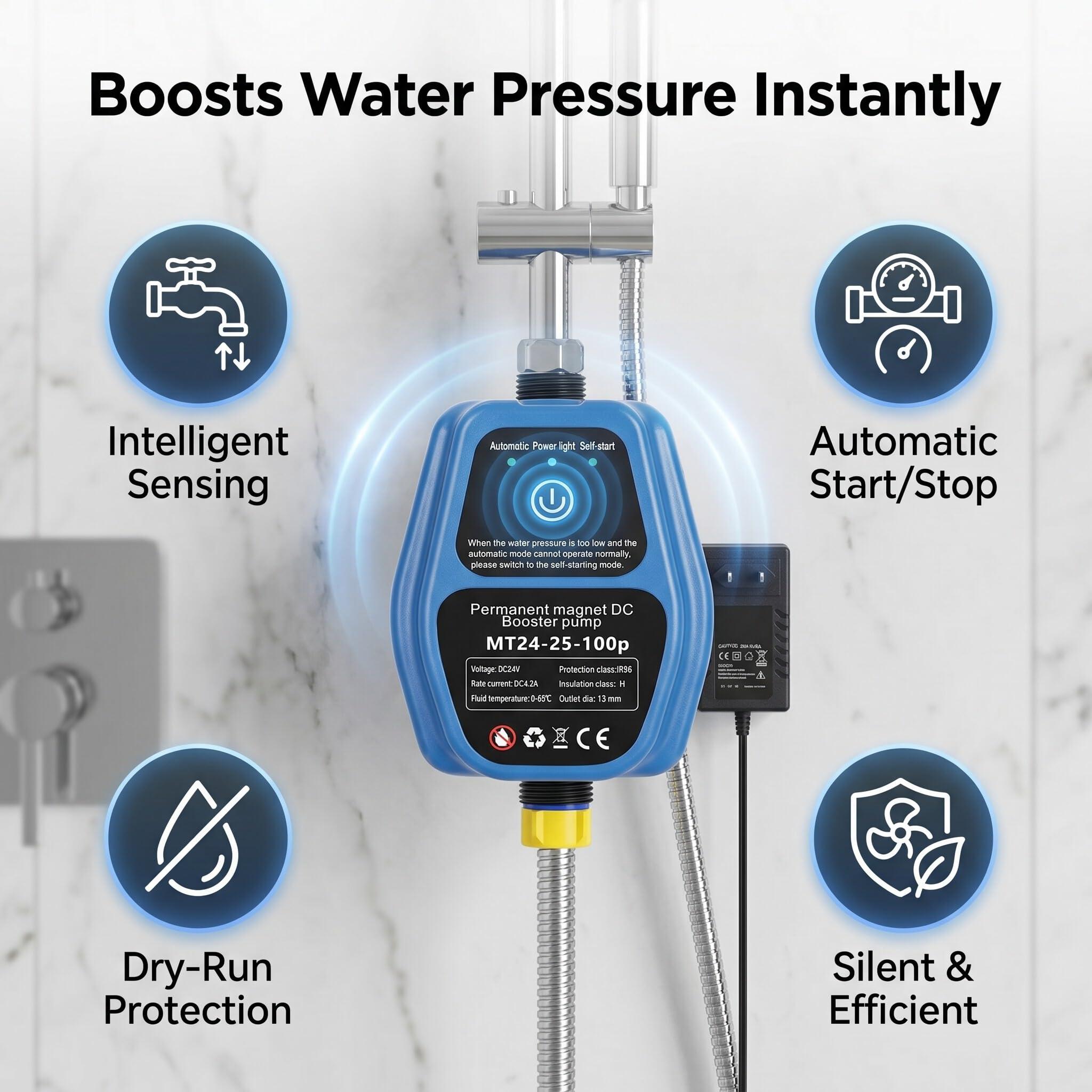 Bomba Elevadora de Presión de Agua 100W 24V 25L IP56 para Ducha Automática con Detección Inteligente y Función de Protección contra Escasez de Agua (Enchufe)