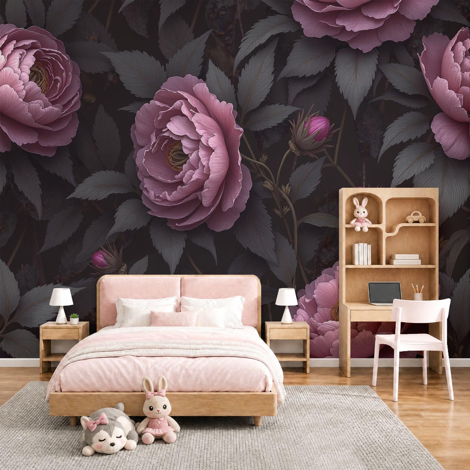 Fototapete Retro Blumenmuster 350 x 256cm Tapete Seidentapete Wandtapete moderne Wand Wandbild Schlafzimmer Wohnzimmer Wand Dekoration Dunkel Pfingstrosen