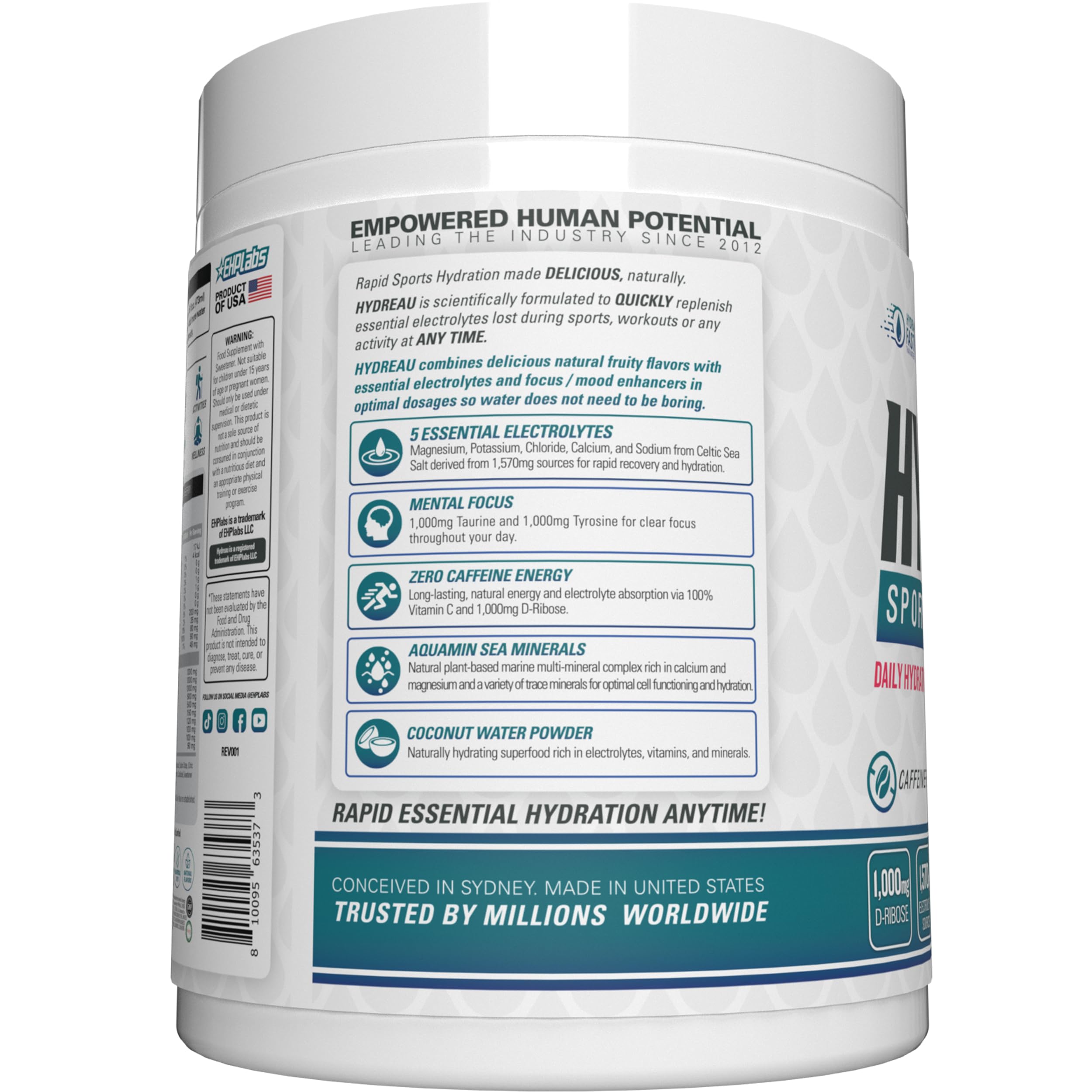 EHP Labs Hydreau Electrolytes Poudre sans sucre – Poudre d'hydratation pour endurance et énergie – Poudre d'électrolytes pour homme et femme – Électrolytes sans sucre – Fraise kiwi (40 portions)