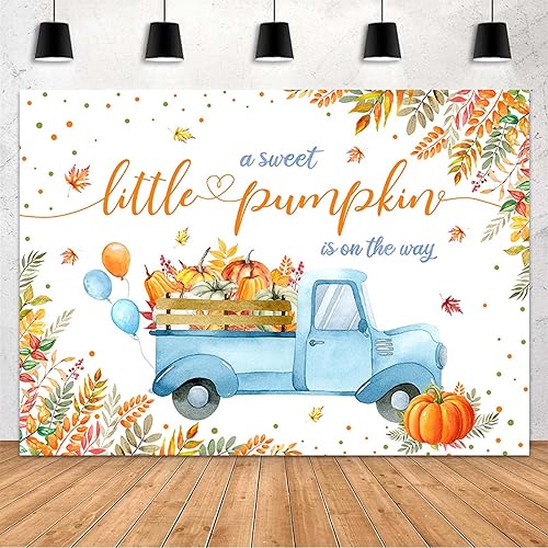 MEHOFOND Telón de fondo de calabaza para baby shower de 7 x 5 pies, diseño de calabaza dulce está en camino, fondo azul para fotografía de hojas de