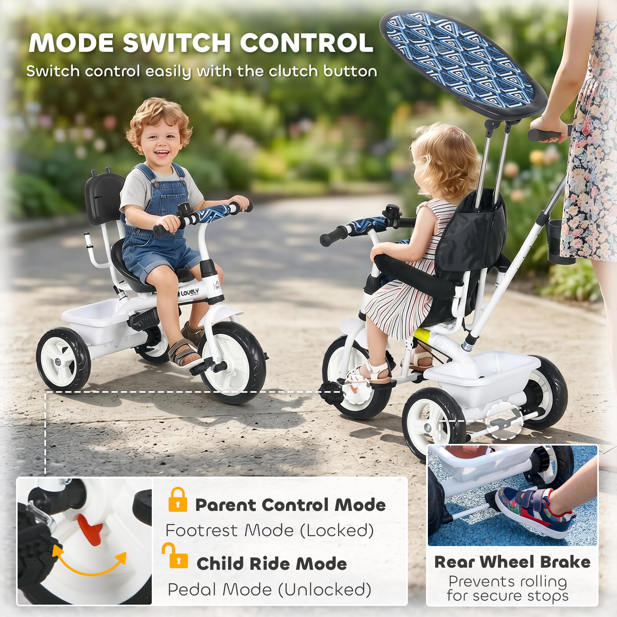 HOMCOM Trike 6-w-1 dzieci z rączką pchania 18 mies-5 lat Niebieski