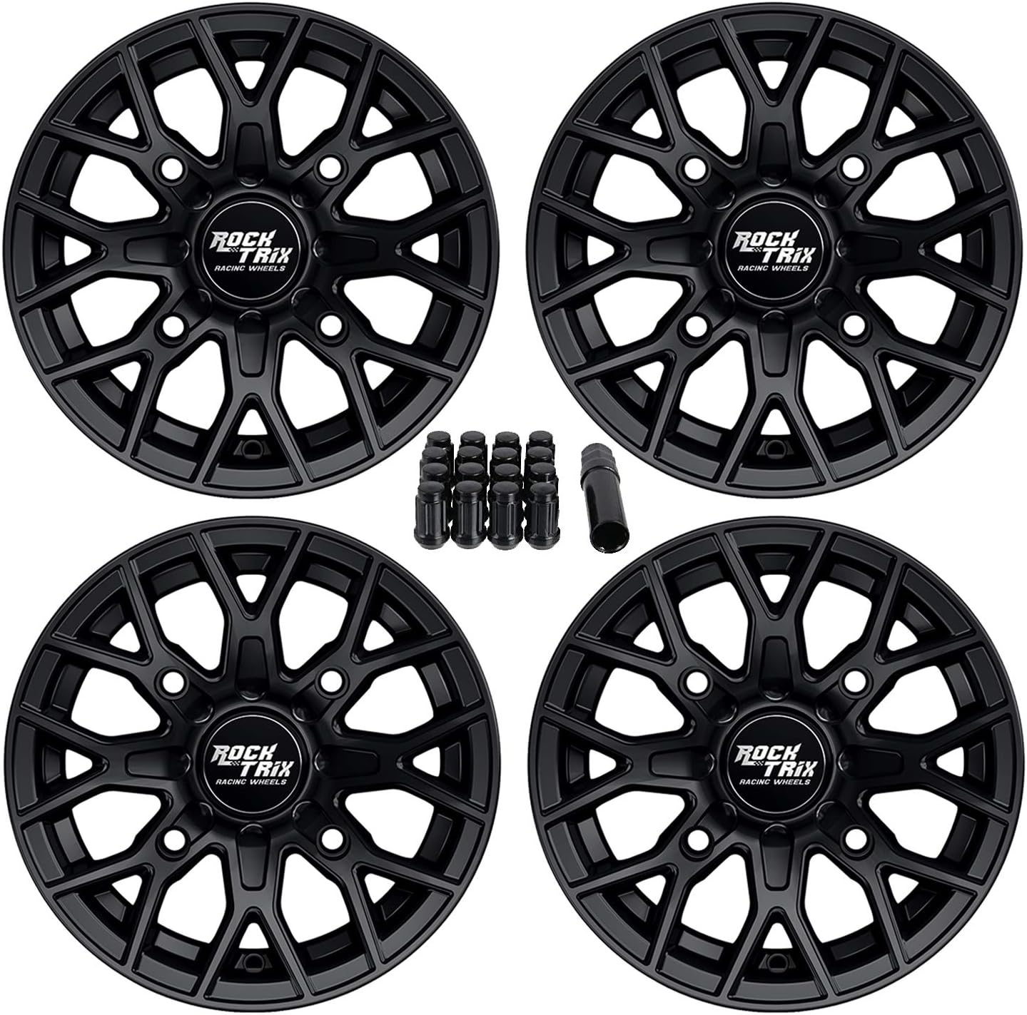 RockTrix RT104 12in ATV Wheels Rims 12x7 Black 4x137, 5+2 Offset, includes 10x1.25 Spline Lug nuts, Compatible with Bombardier Can-Am Maverick Commander Renegade Outlander 4/137 (Set of 4)