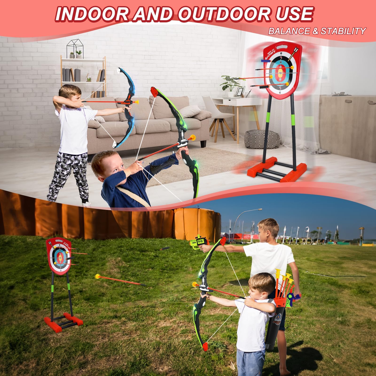 Arc et flèche pour Enfants avec Lumières LED, Ensemble de tir à l'arc Comprenant avec 2 Arcs, 1 Cible Debout, 20 Flèches, 2 Pistolets à Flèches en Mousse et 2 Carquois, Jouets pour 4-12 Garçon Fille