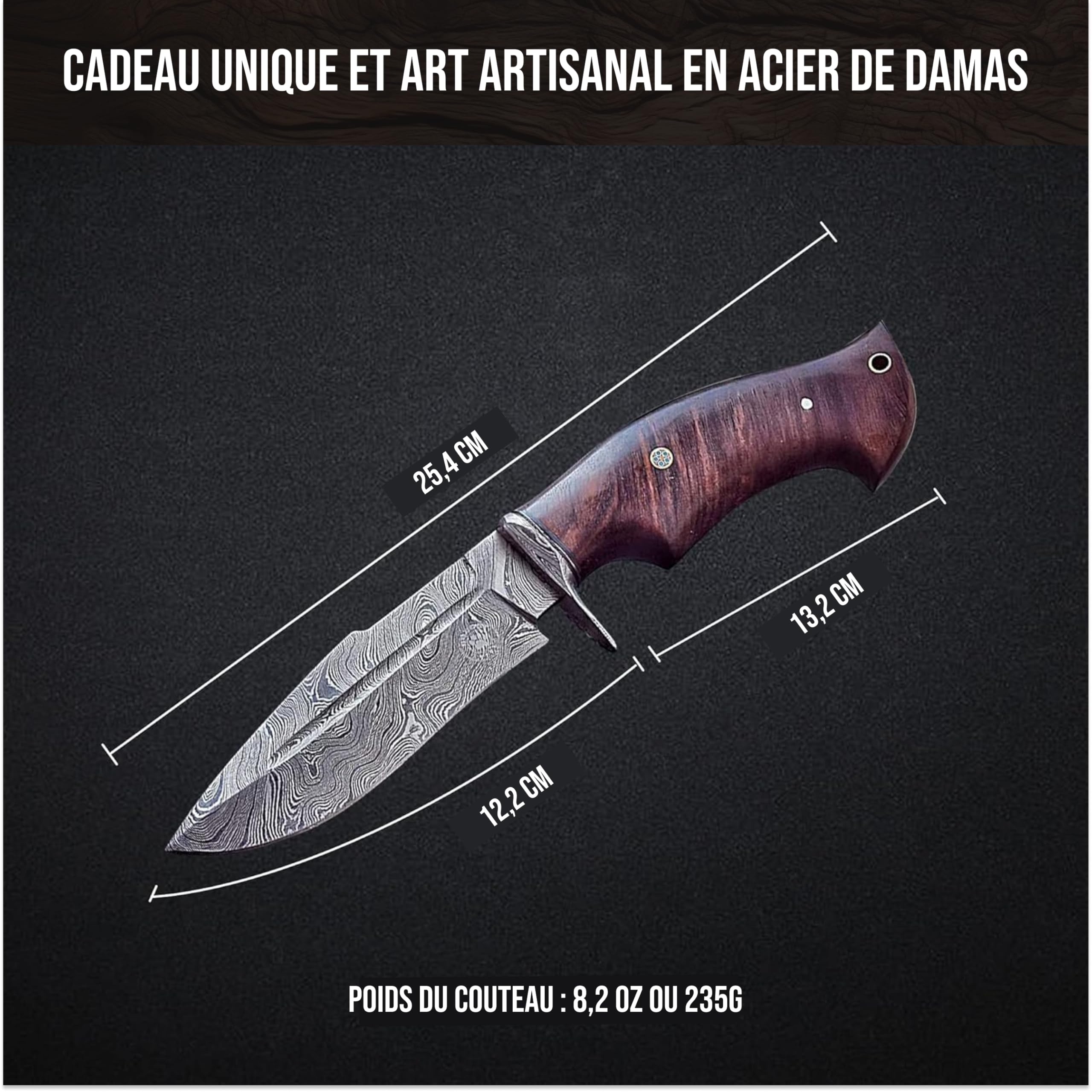BIGCAT ROAR Beast - Couteau Artisanal en Acier Damas 25,4 cm - Manche Bois de Noyer et Étui Cuir Véritable - Camping - Cadeau Aventurier ou Collectionneur