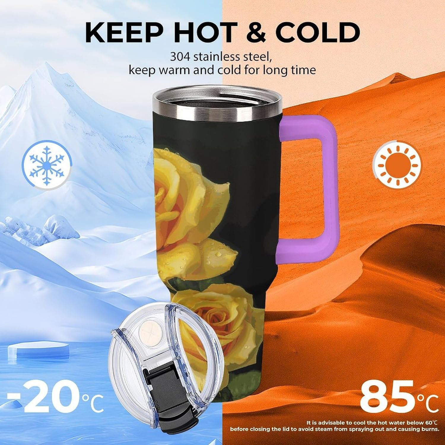 Yellow Rose Tumbler 40 Oz with Handle&Lid Large Car Cup Stainless Steel Vacuum Travel Mug Insulated Water Bottle Leak-proof Portable Coffee Cup for Home Car Outdoor