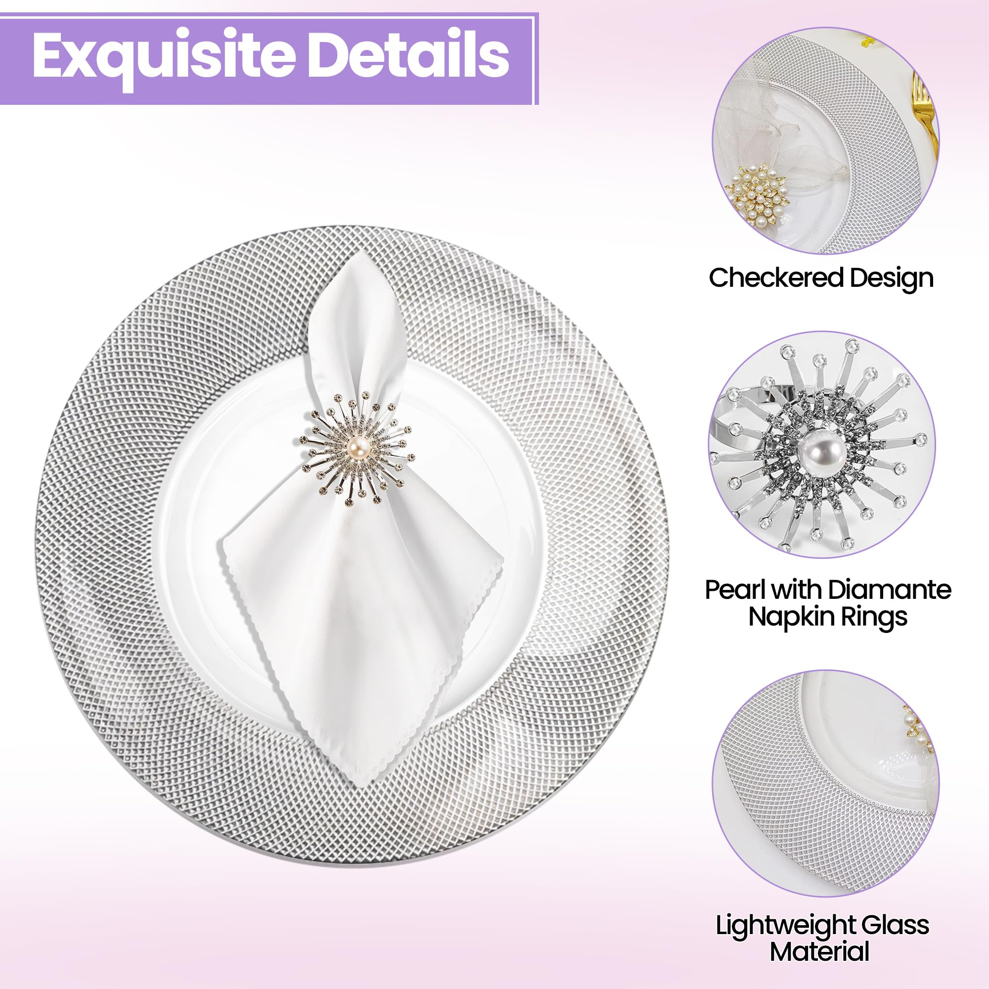 Event Decor Shop Set di 12 eleganti piatti piani argentati con motivo a scacchi, con anelli portatovaglioli, 33 cm, in vetro, per matrimoni, feste ed eventi speciali, decorazione da tavola