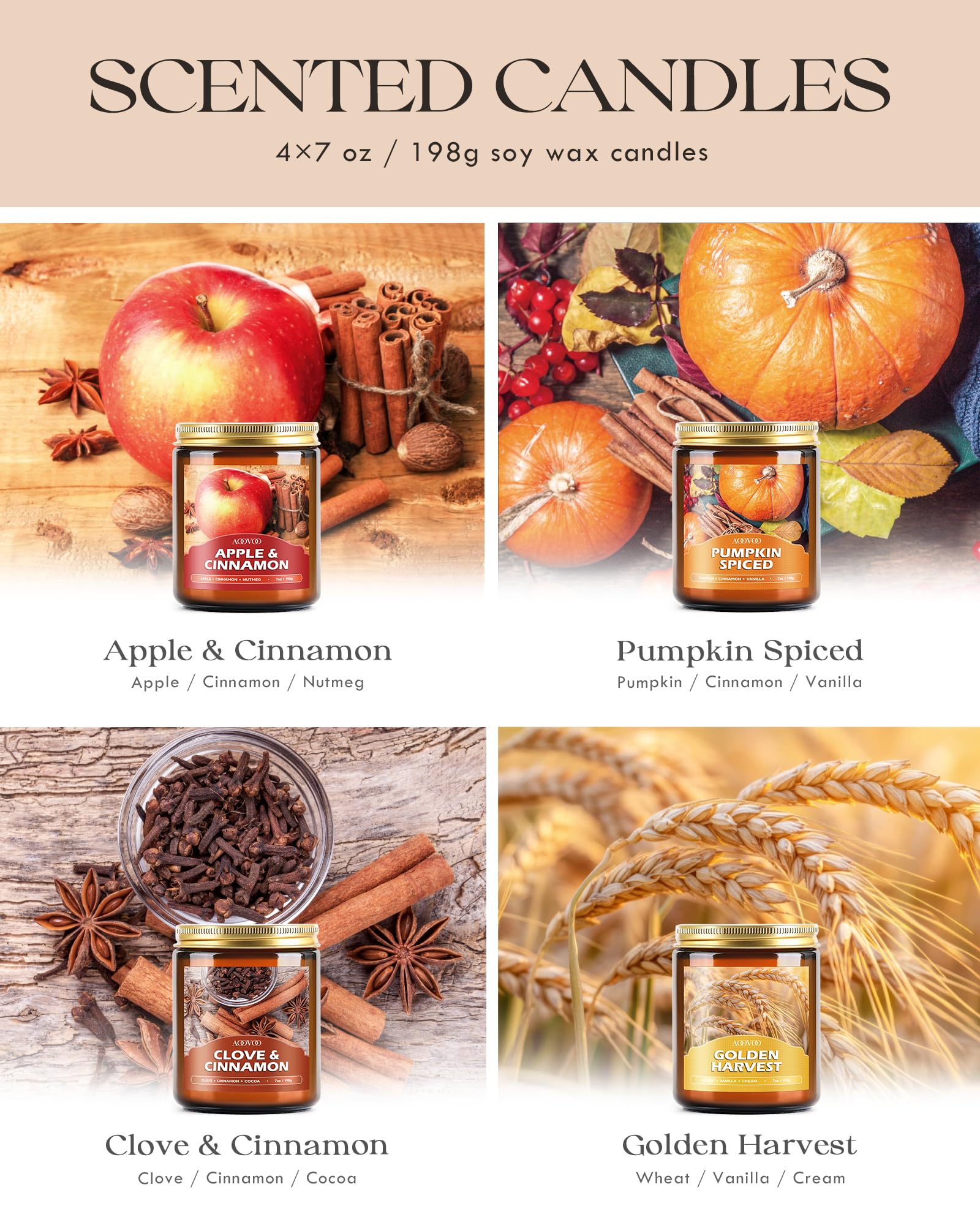 AOOVOO Fall - Juego de 4 velas perfumadas para el hogar, 28 oz, 200 horas de combustión, velas de aromaterapia con cristales, lavanda, jazmín, lirio de agua, pachulí
