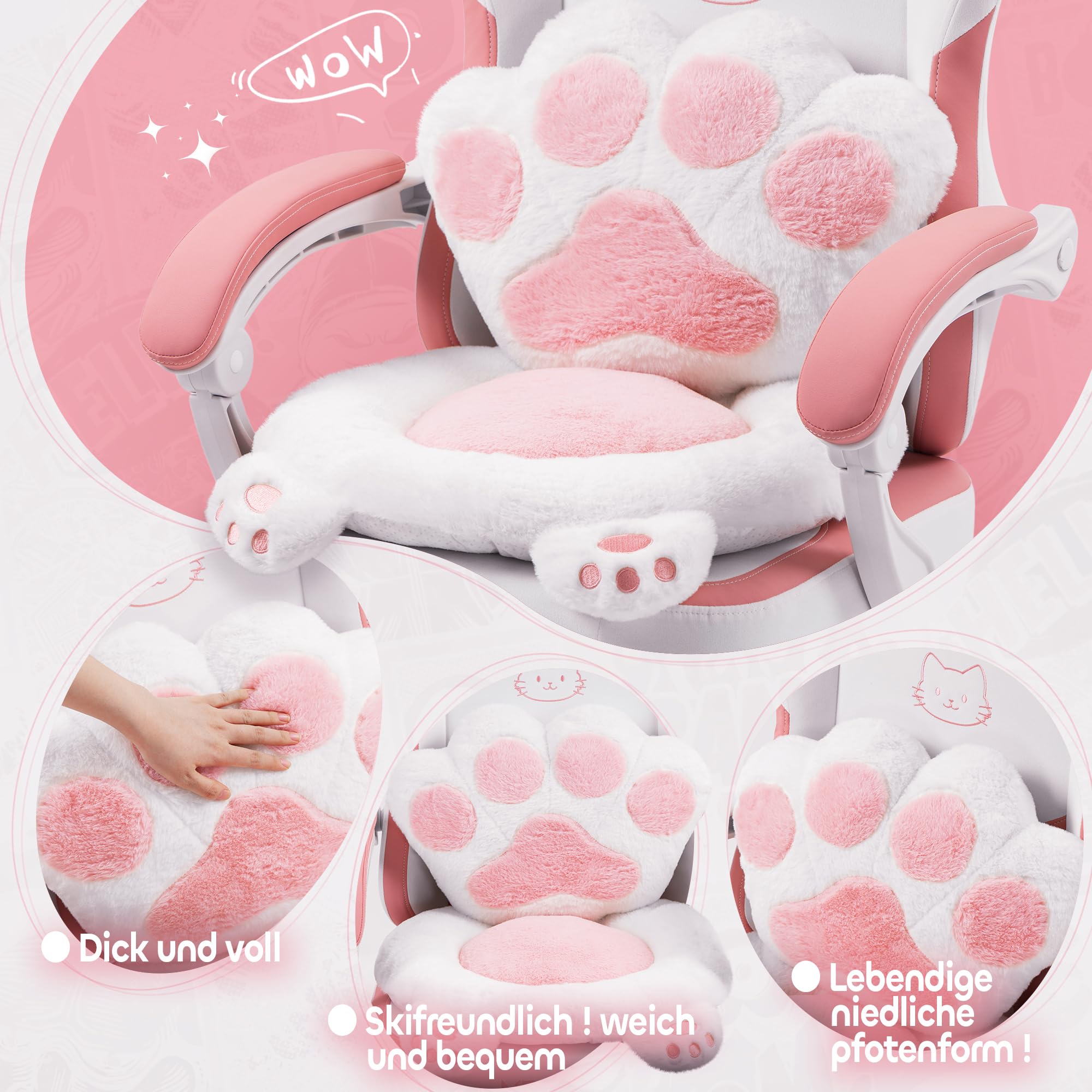 Pink Cute Katze Gaming Stuhl Stoff mit Katzenpfote Lendenkissen und Katzenohren, Gaming Stuhl mit Fußstütze Ergonomischer Pc Stuhl für Kinder Erwachsener Mädchen, 140kg Belastbarkeitfür, Rosa
