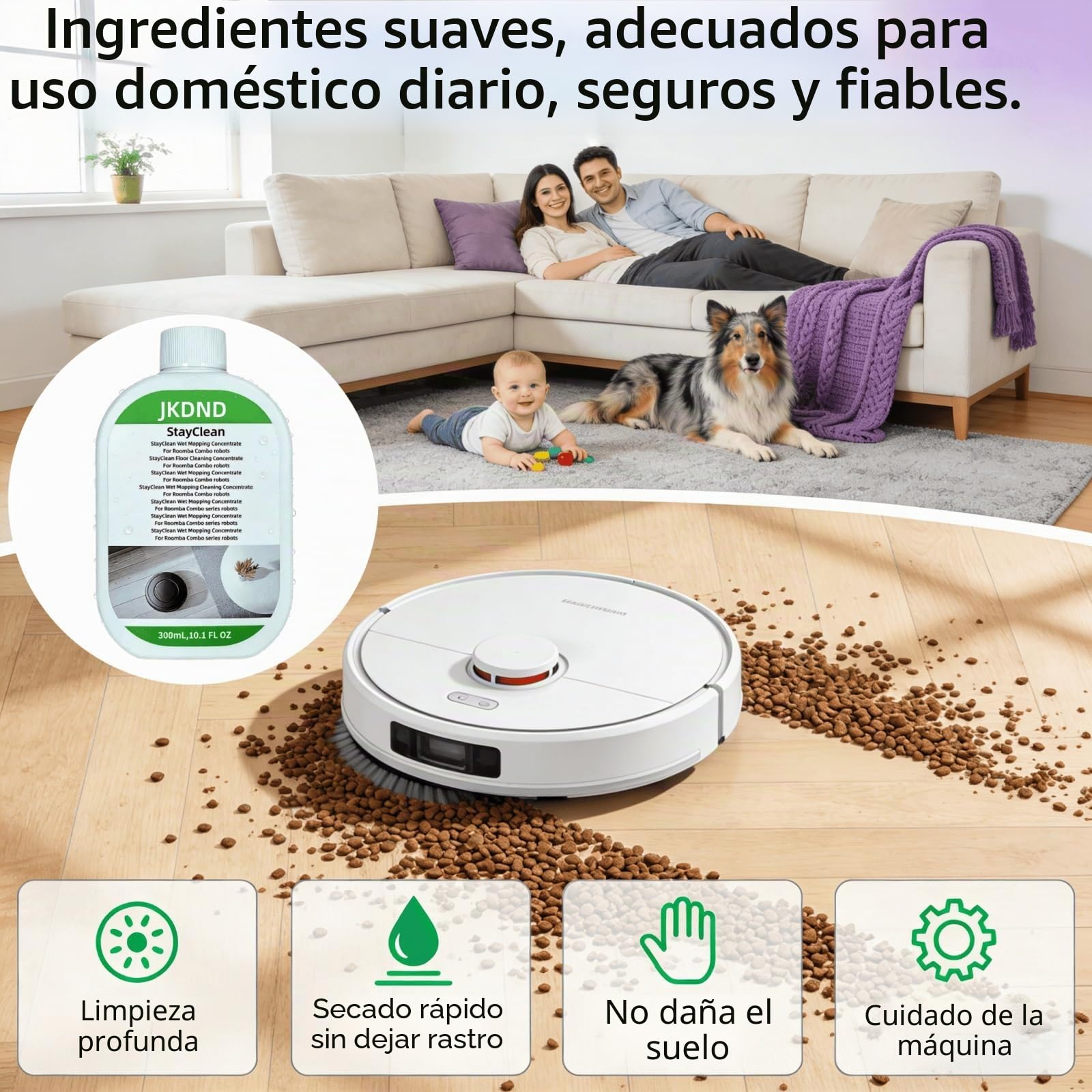 StayClean Solución Concentrada, Líquido De Limpieza De Baja Espuma for Robot Aspiradora, Compatible con Roomba 705/505/405 Plus/Max Serie, Fragancia Fresca, Sin Residuos (3x300ml)
