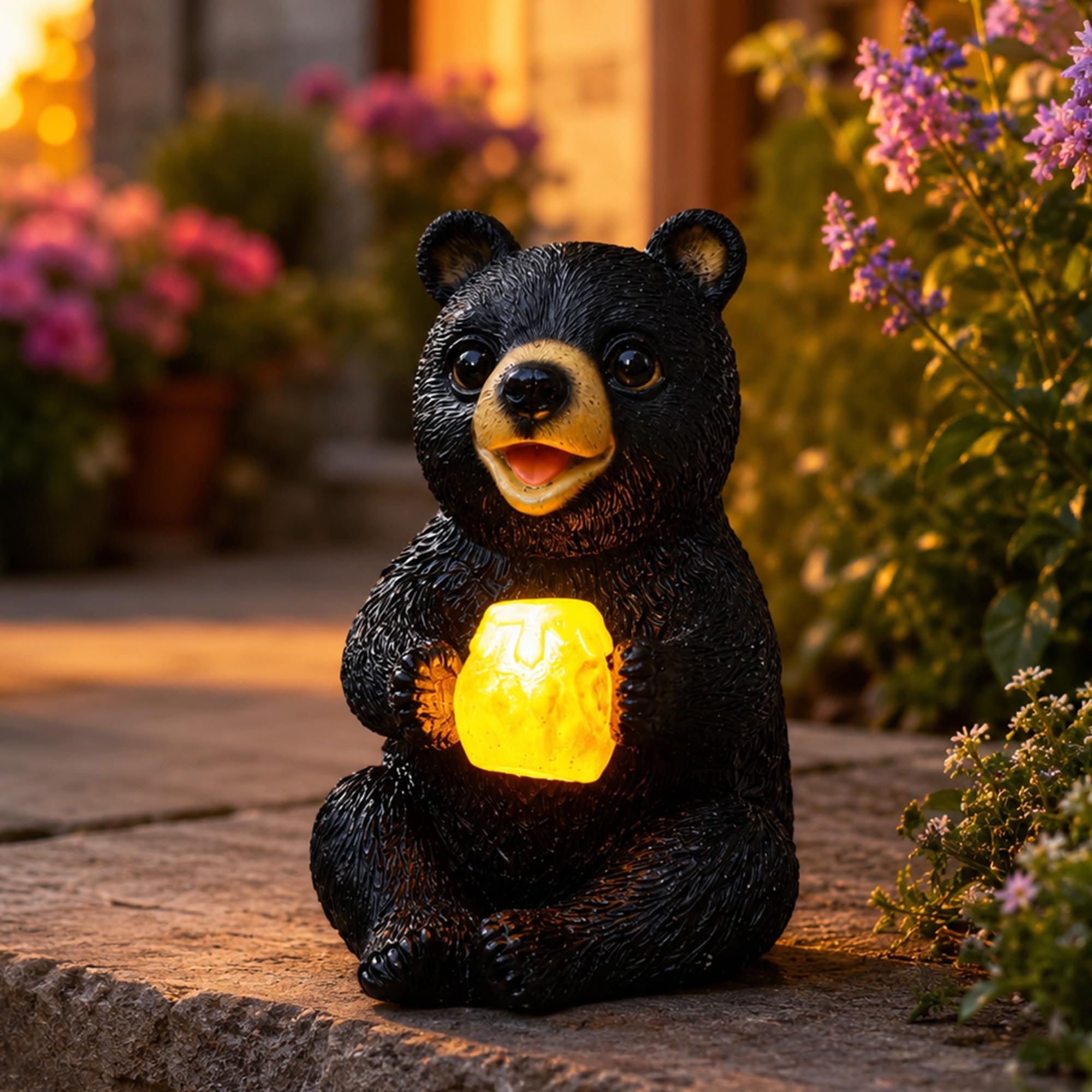 Solar Bear Garden Ornaments Outdoor, Funny Statue Holding Honey Pot Lights