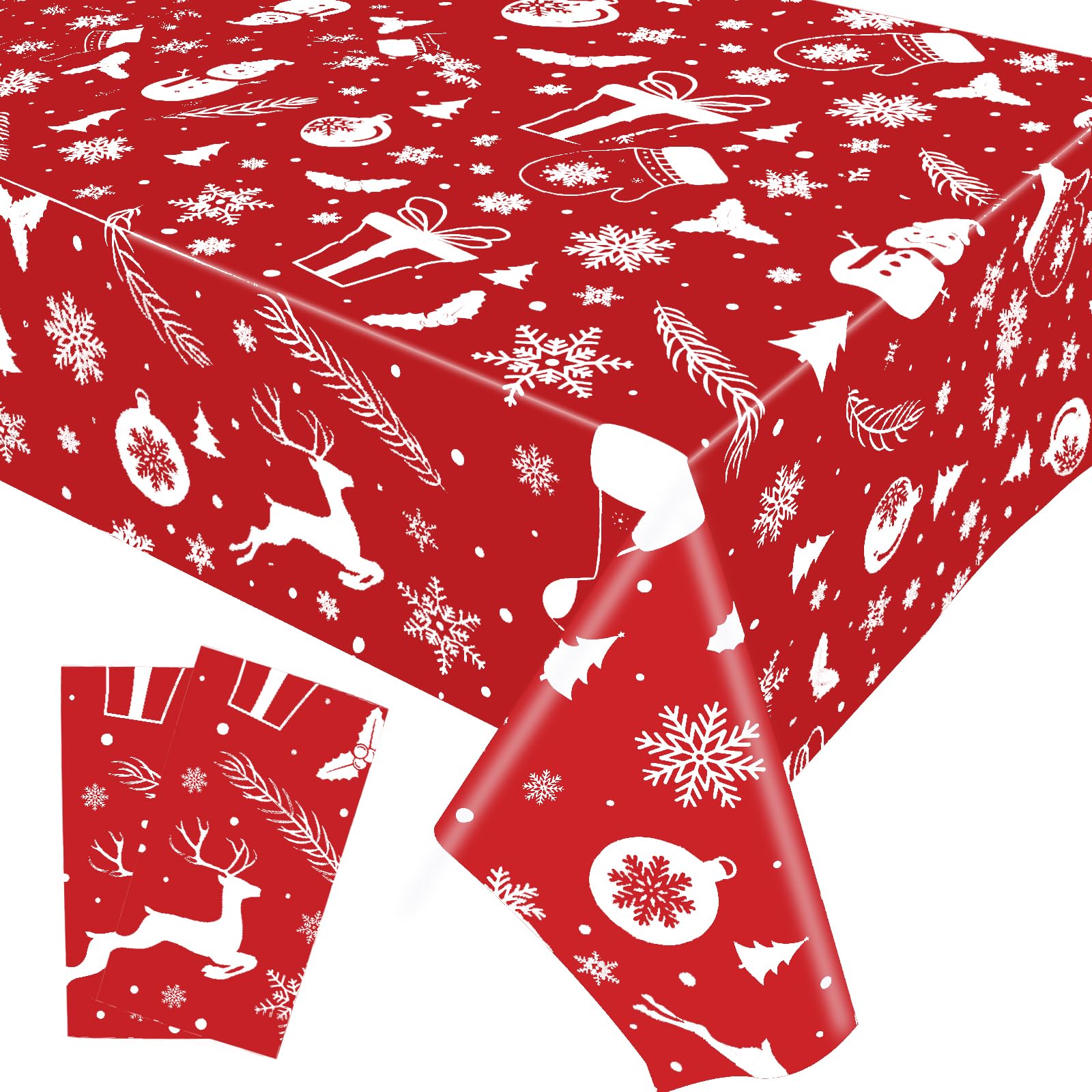 YUNHENTONG Mantel Navidad, 2 PCS Mantel Navideño Rojo, Mantel Navidad Mesa Rectangular, Mantel Navidad Antimanchas, Mantel de Navidad, con Elementos Navideños, para Familias, Fiestas Navideñas (C)