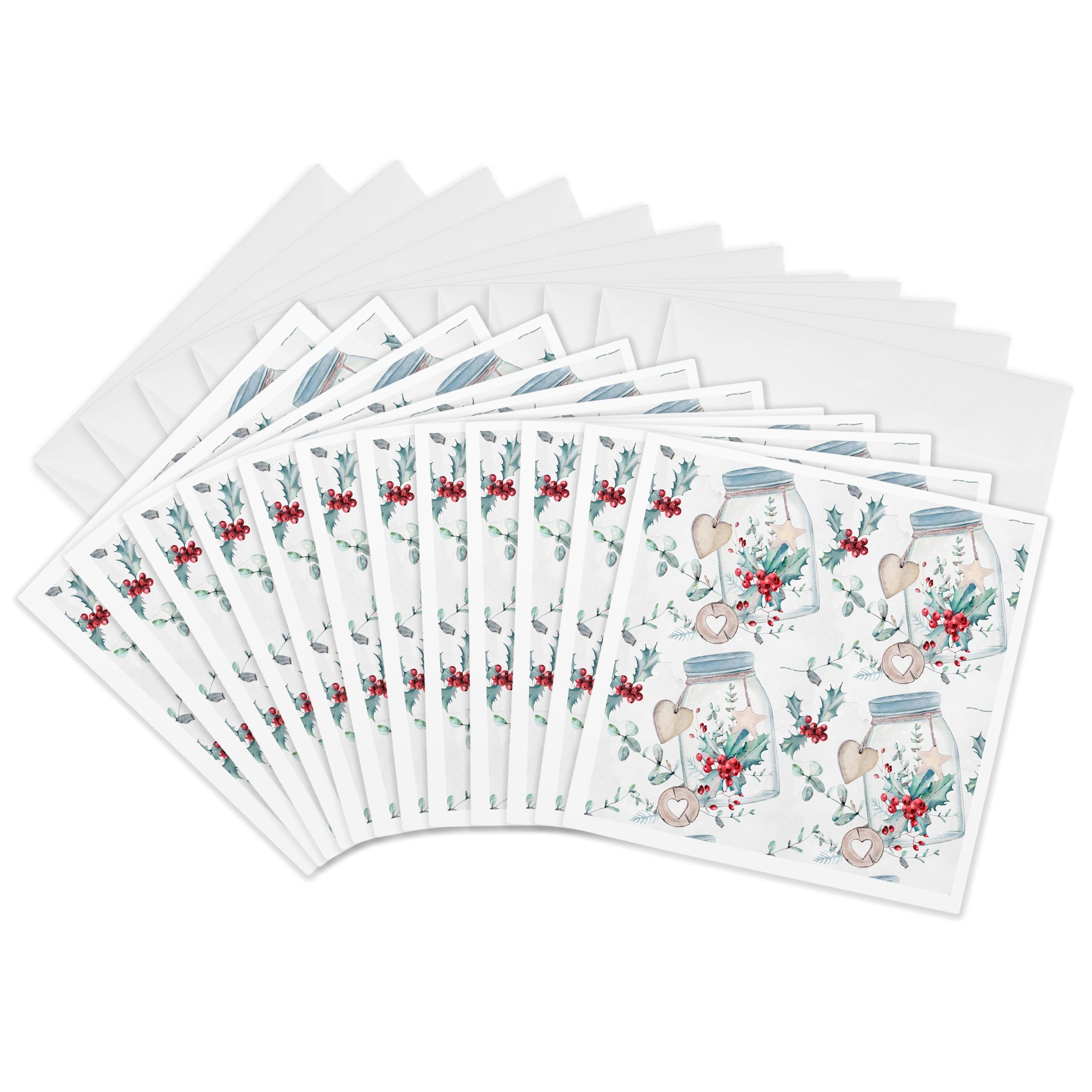 3dRose gc_266765_2 6 x 6-Inch "Pretty Christmas Mason Jars with Holly Berry, Hearts, and Stars " Greeting Card (Set of 12)