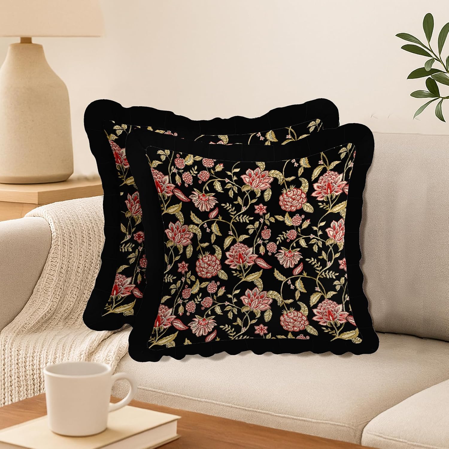 16x16 Cotton Cushion Covers Set of 2 - Double-Sided Printed Frill Pillow Covers with Zipper, Floral Print, Farmhouse Style, 100% Cotton Twill, No Filler
