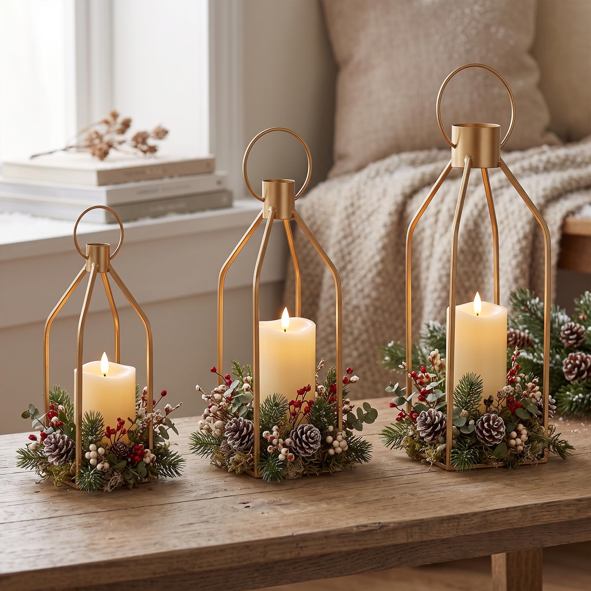 Lot de 6 lanternes décoratives dorées élégantes en métal avec bougies LED vacillantes, décoration pour maison, mariage, Noël (piles AAA non incluses)