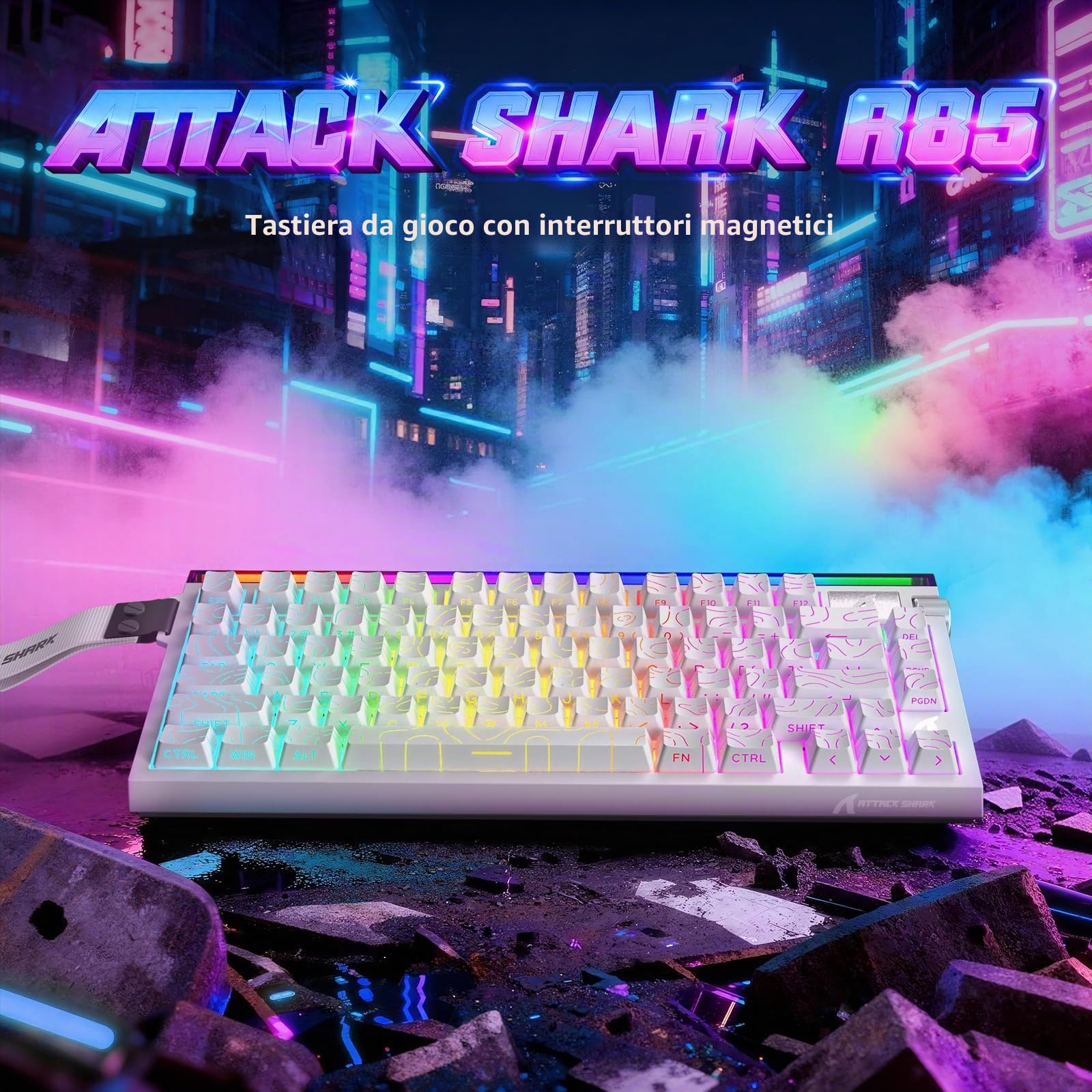 ATTACK SHARK R85 HE Tastiera Gaming Cablaggio 75% con Cavo LED C01ULTRA, Switch Magnetici, Software Multifunzione, Light-Box RGB, Manopola, 8000 Hz, RT Precisione 0,005 mm (Bianco contorno)