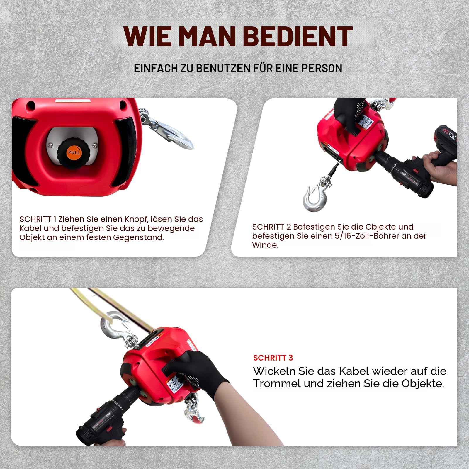 Tragbare Bohrwinde, 453,6 kg, bohrbetriebene Seilwinde mit Stahldrahtseil, 12 m, Bohrwinde zum Heben, Schleppen, Handling, Anhänger (rot)