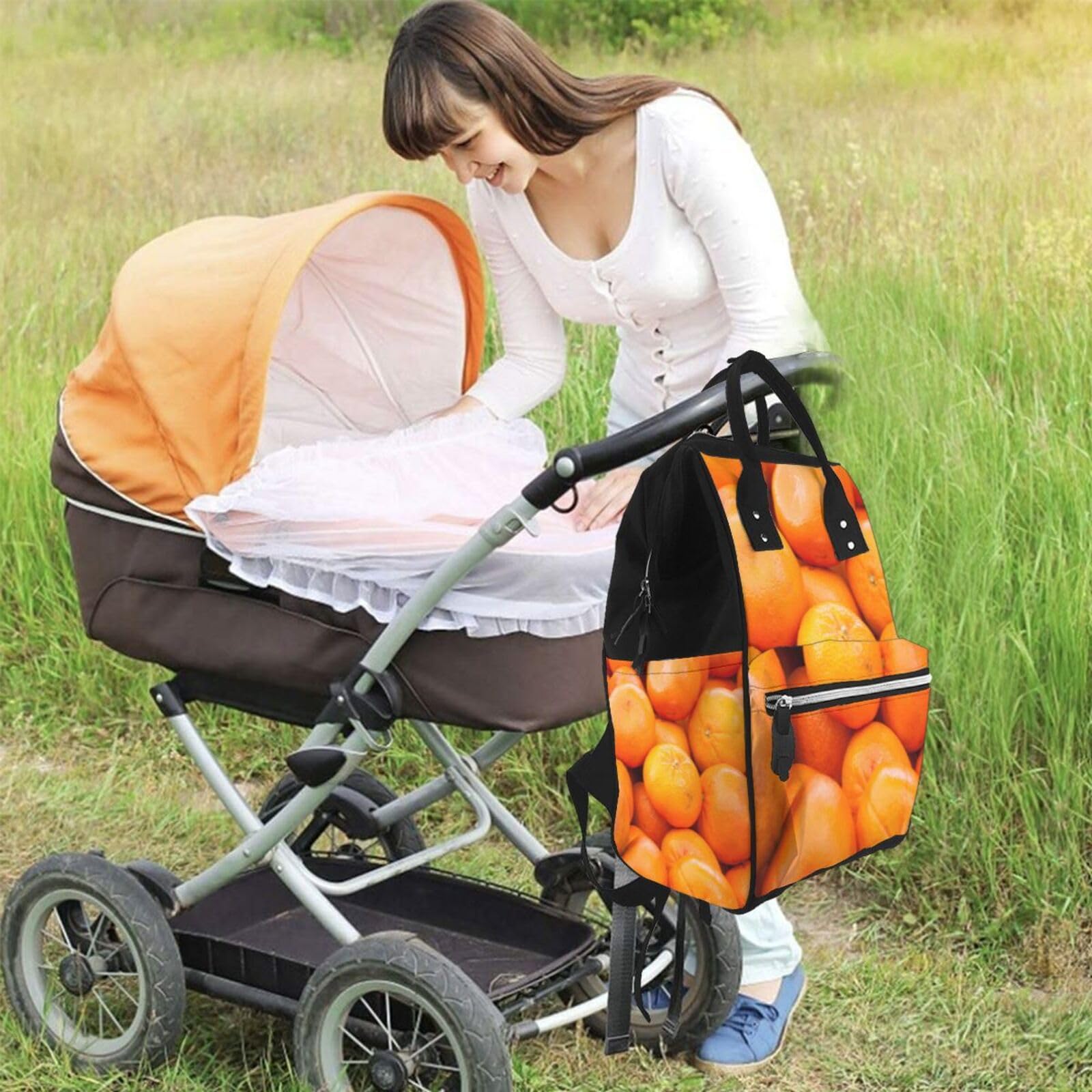 Bolsa de pañales con estampado naranja, multifunción, grande, para viajes, para mamá y papá, color negro, talla única, Negro, talla única