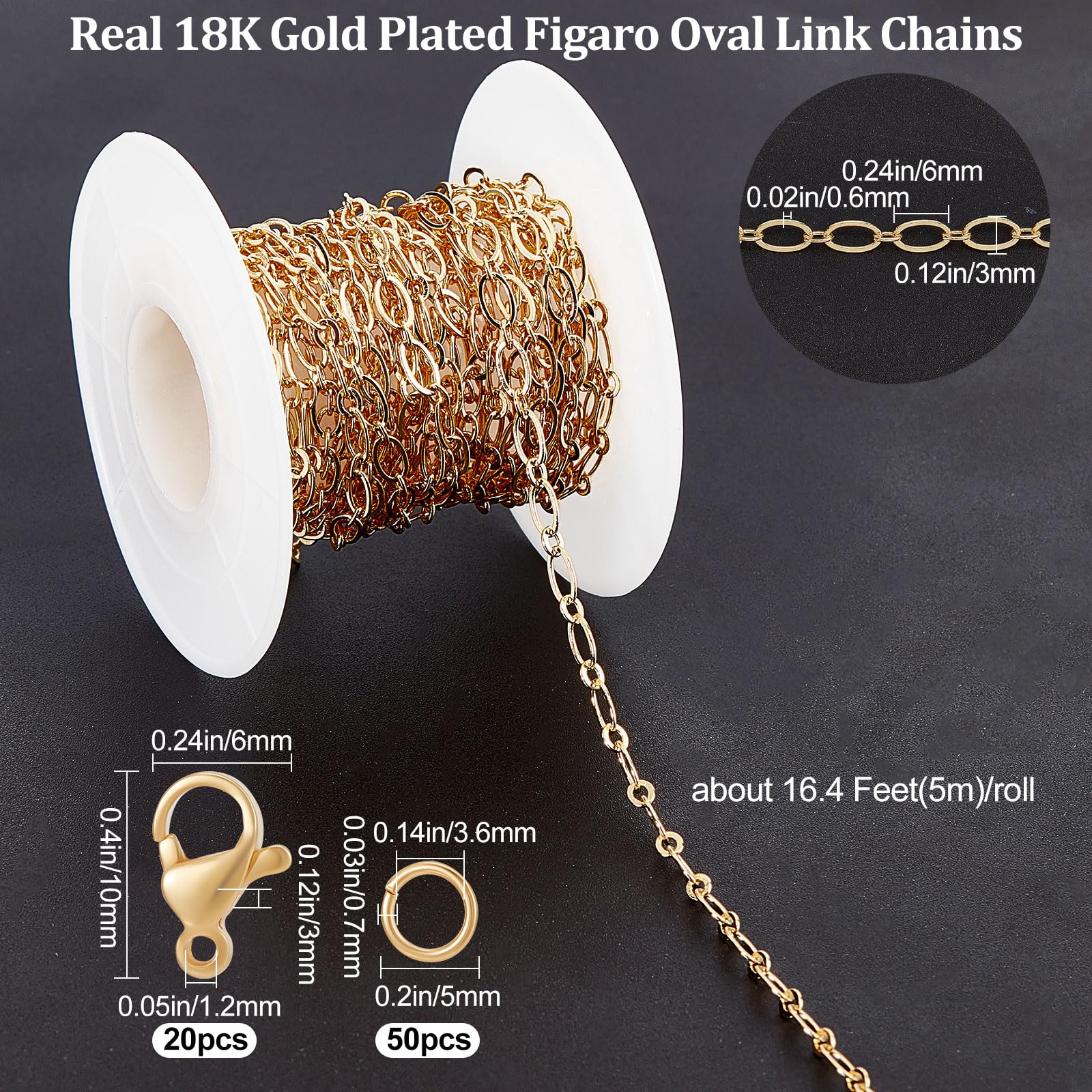 Beebeecraft Catene A Maglie Ovali da 5 m Catene A Graffette Placcate in Oro 18K per La Creazione di Gioielli con 20 Chiusure A Moschettone e 50 Anelli di Salto per Collane Bracciale Forniture