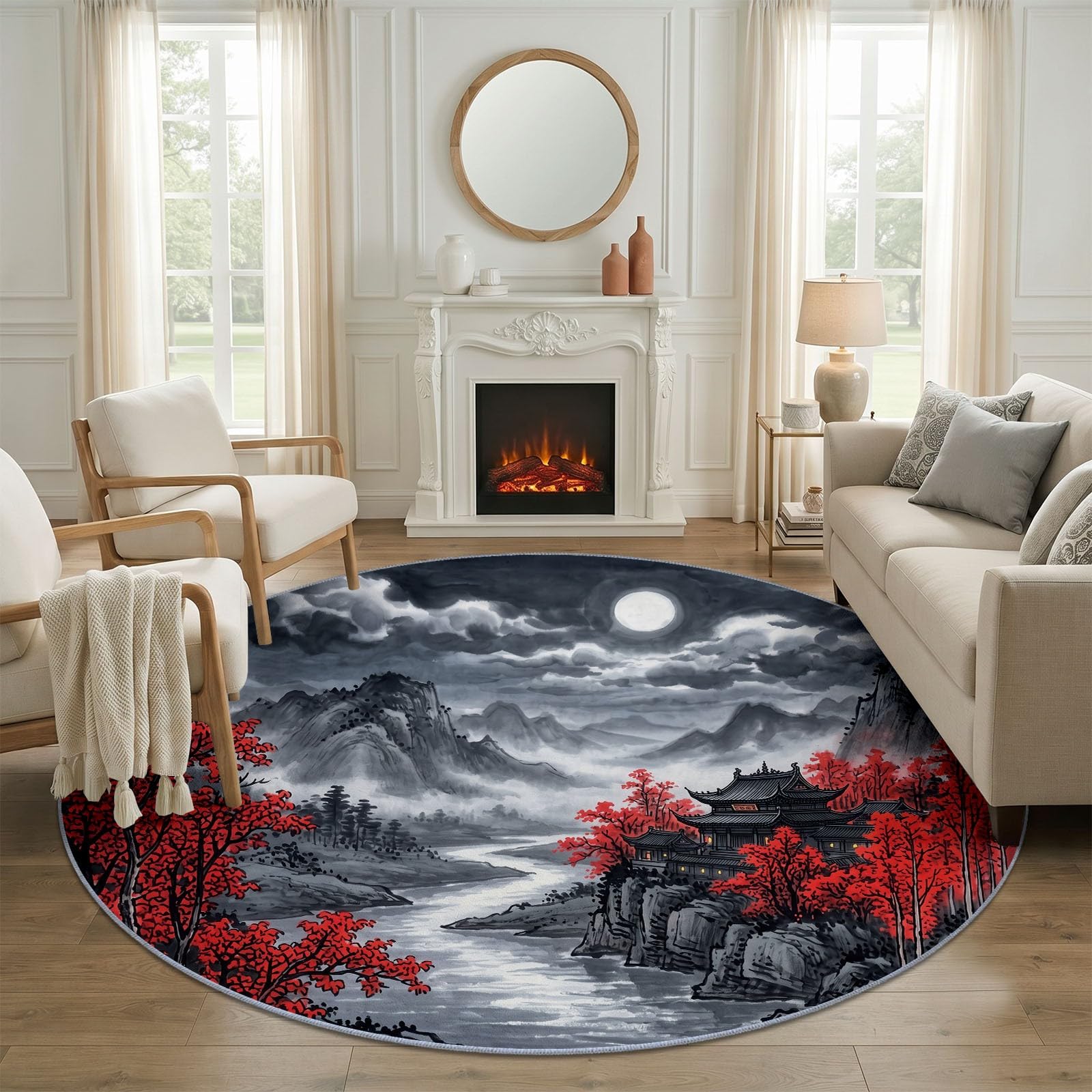 Tapis Rond 100 cm Lavable Machine, Moquette Antidérapante Poil Bas Doux, Rétro Lune Rivière Montagnes Tapis pour Salon Chambre Salle à Manger Nursery Dortoir Enfants, Gris
