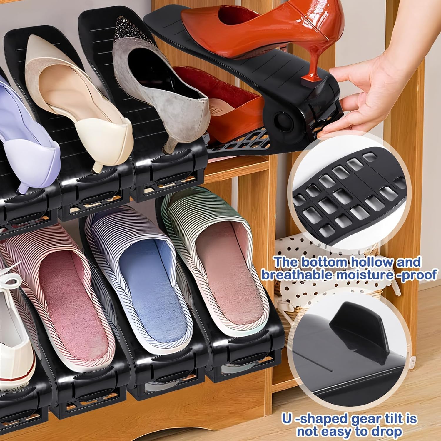 10 Pezzi Organizer Scarpe Impilabile, Portascarpe Salvaspazio Antiscivolo et Regolabile in Altezza, Porta Scarpe da Armadio Salvaspazio per Organizzare il Guardaroba, Nero