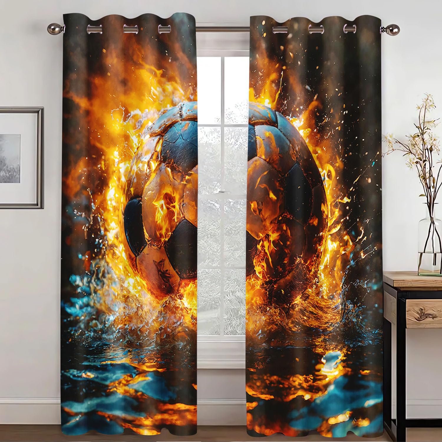 WEQEER Football Sports Field Curtains, Blue 3D Football Pattern Eyelets Curtains, Colourful Football Children's Blackout Curtain, Boys Curtains for Bedroom (4.280 x 180 cm (2 x 140 x 180 cm))