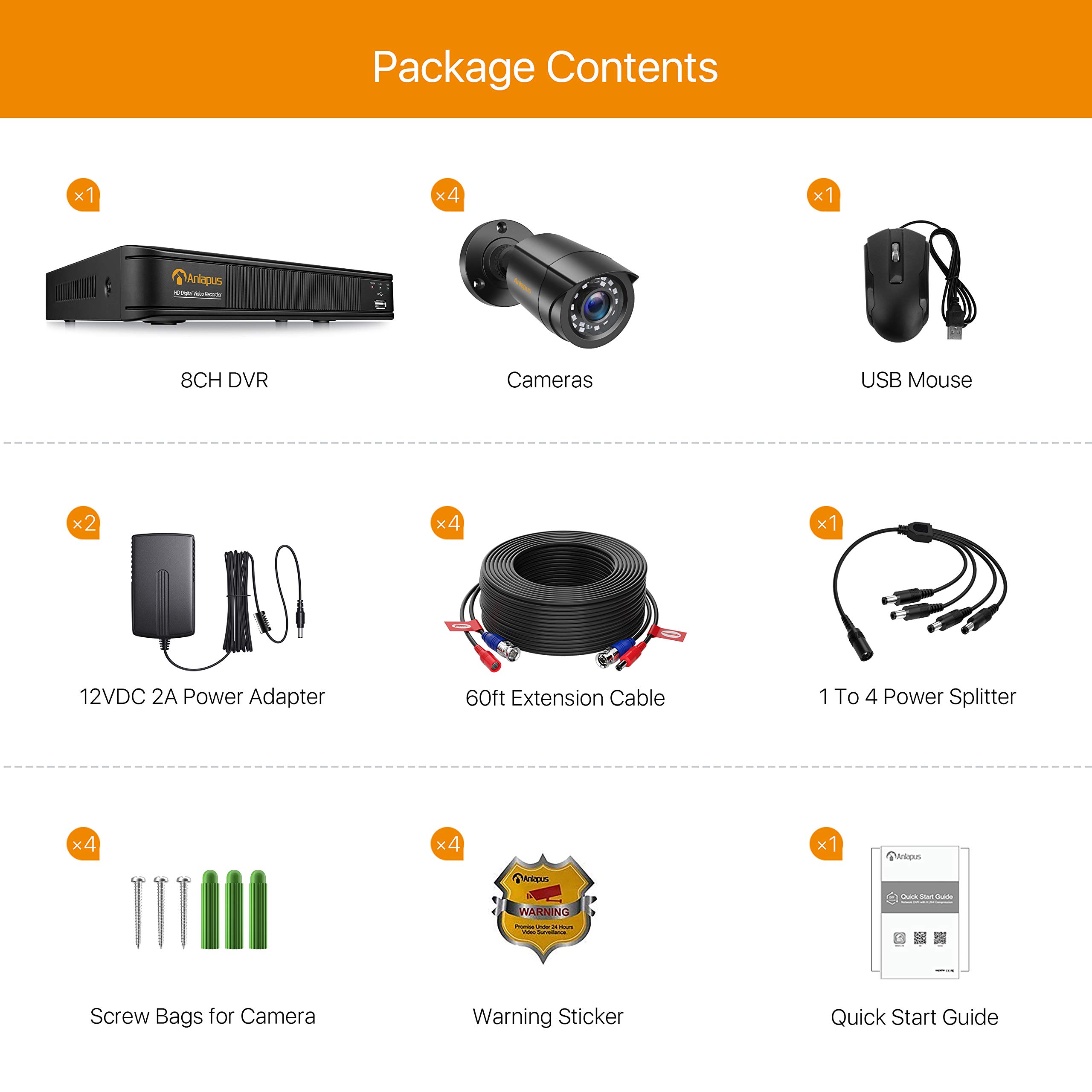 Anlapus 1080P Kit de Cámaras Seguridad 8CH H.265+ Videograbador DVR con 4 Cámara de Vigilancia Exterior, sin Disco Duro, Visión Nocturna, Alarma de Movimiento