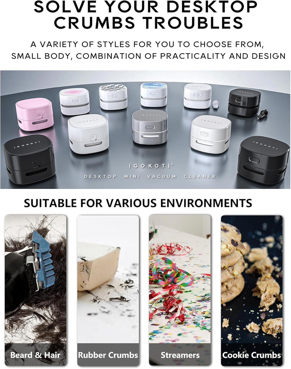 Desktop Vacuum Cleaner with Nozzle, Rechargeable Small Handheld Vacuum, Cordless Mini Desktop Countertop Sweeper for Keyboard Computer Dust Crumbs Piano, Detachable Design