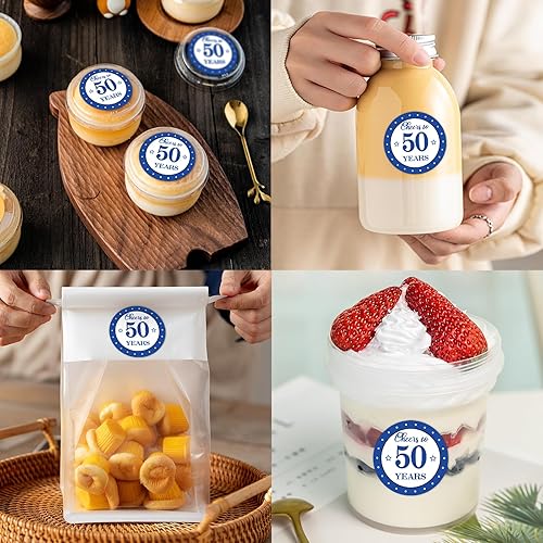 Miniatura 6 de REWIDPARTY Calcomanías redondas de 1.5 pulgadas para cumpleaños número 50 (80 piezas), calcomanías de felicitación azul a 50 años, calcomanías